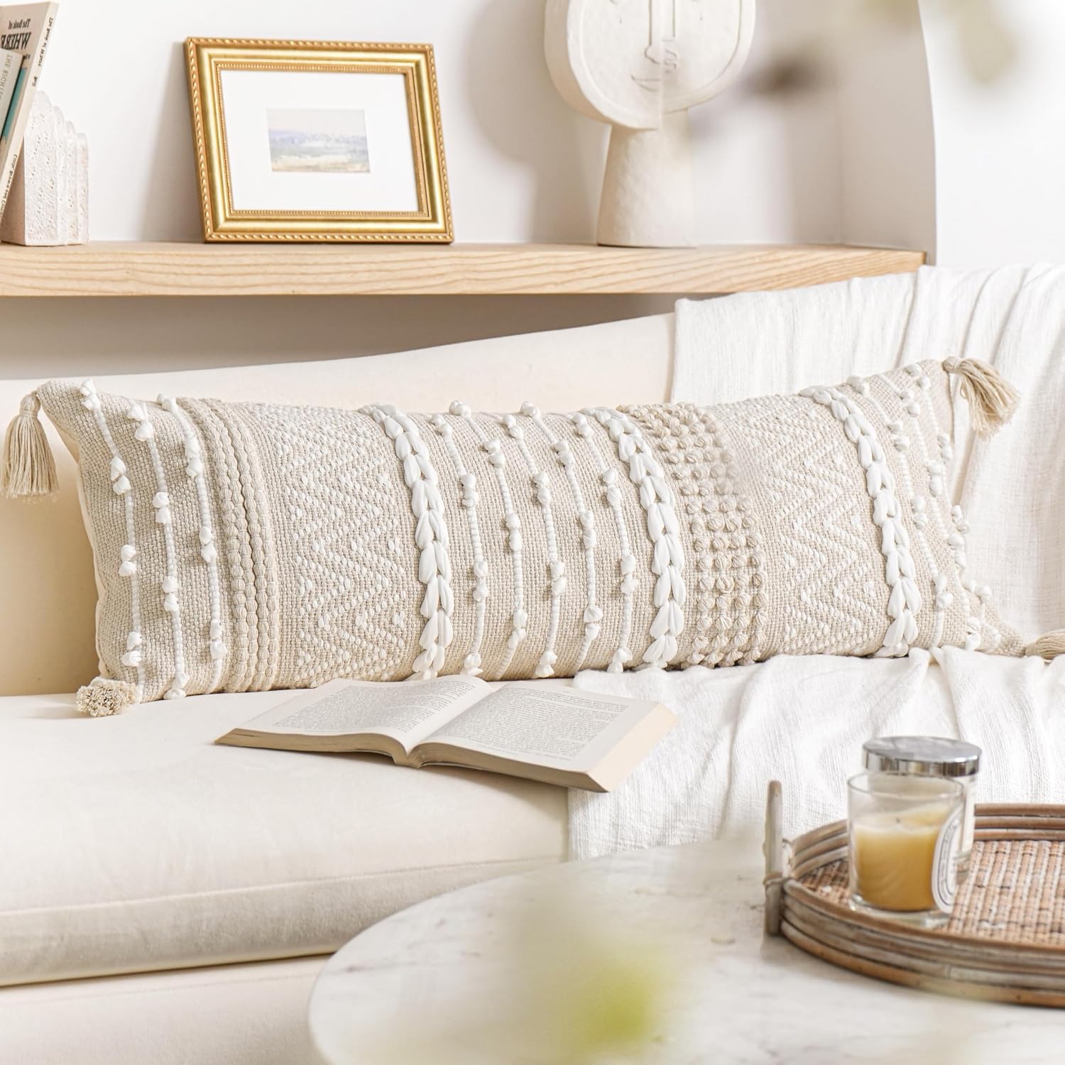 BlissBlush Cream Decorative Lumbar Throw Pillow Cover 14x36 Boho Long Cushion for Bed Neutral Beige White Accent Modern Farmhouse…