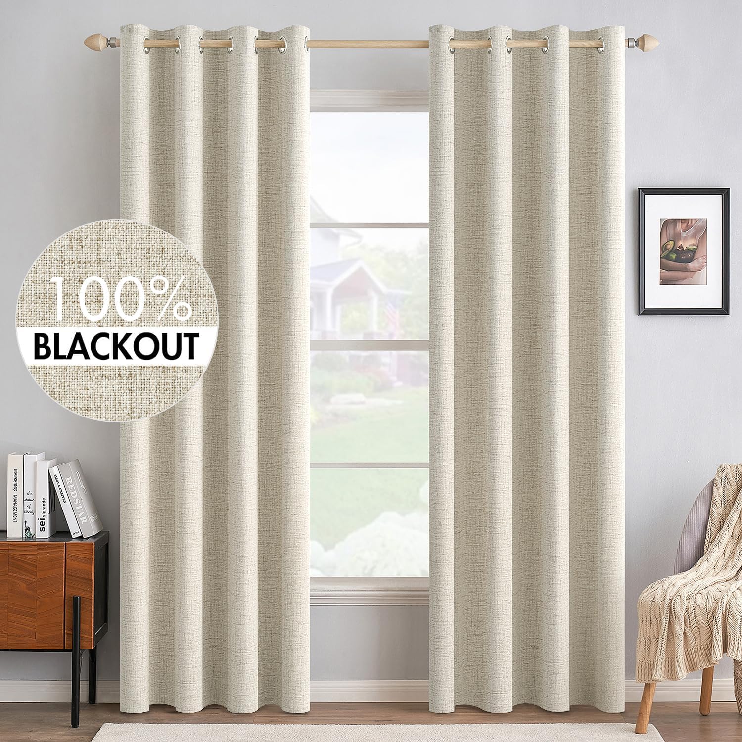 Miulee 100% Blackout Linen Textured Curtains for Bedroom Solid Thermal Insulated Cream Grommet Room Darkening Curtains & Drapes Luxury Deco…