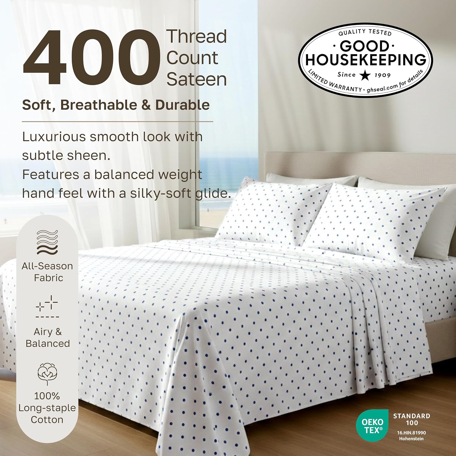 CaliforniaDesignDen California Design Den Soft 100% Cotton Queen Sheet Set, 400 TC Good Housekeeping Award Winner, Smooth Sateen Finish wit…