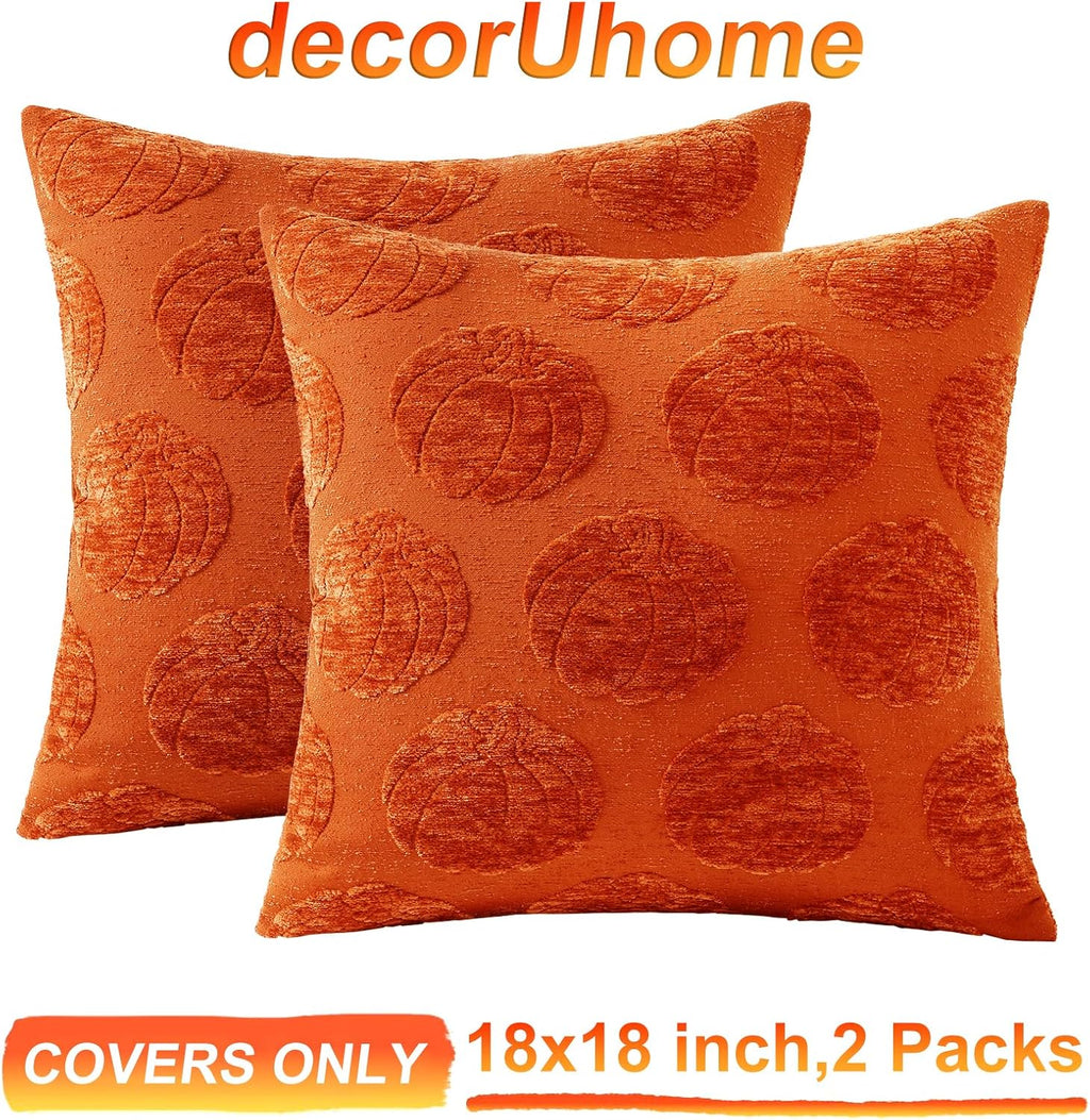 decorUhome Decorative Rust Pumpkin Thanksgiving Throw Pillow Covers 18x18 Set of 2, Soft Chenille Jacquard Farmhouse Textured Pillow…