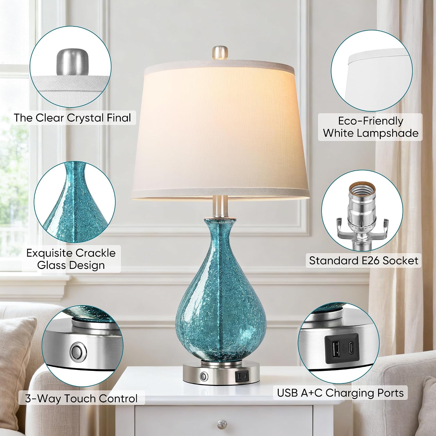 QiMH Glass Table Lamp for Living Room Bedroom Set of 2, 22.5" LED Light with Touch Control, Blue 3 Way Dimmable Modern Bedside Lamps for…