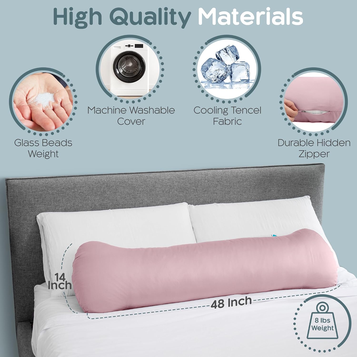 SleepCloud Weighted Body Pillow 8lbs - Weighted Pillow for Deeper Sleep (48" x 14") - Cooling Body Pillows for Adults, Side Sleeper Body…