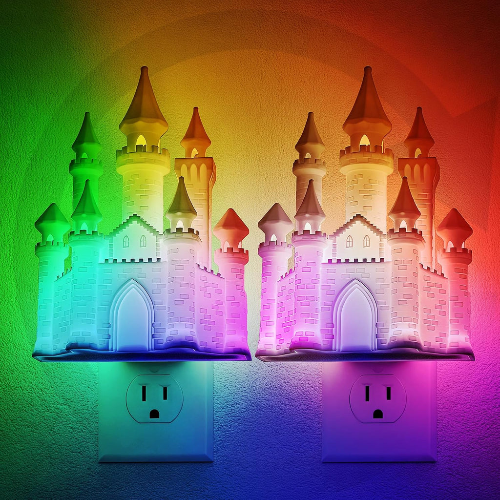 JandCase Night Lights Plug into Wall,3D Printed Castle RGB Night Light,2 Pack 10-Color Change Night Light, Dimmable Nightlights with Dusk…