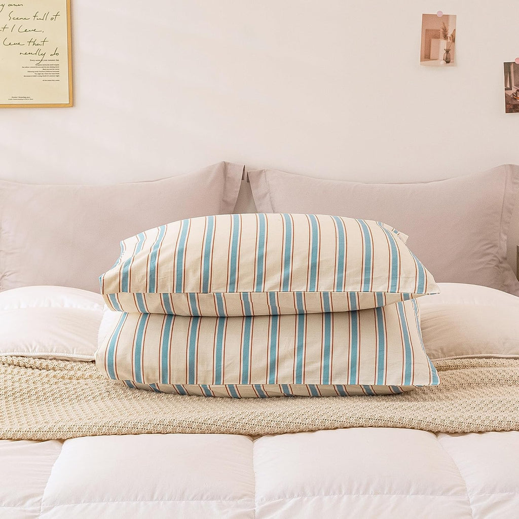ECOCOTT Striped Pillowcases Standard Size Set of 2, 100% Washed Cotton Pillow Cases with Envelope Closure, Blue&Brown Ticking Stripe…