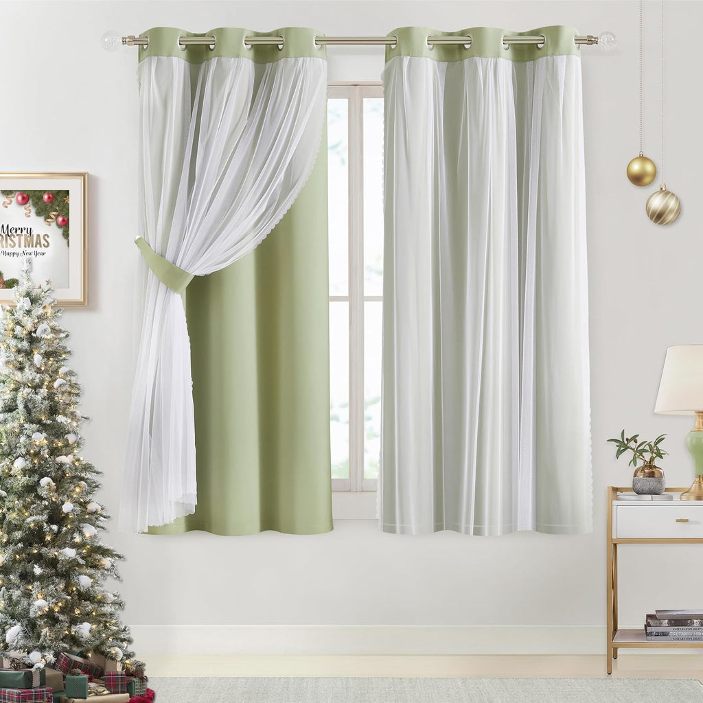 Bujasso Sage Green 90% Blackout Curtains with Sheer Overlay Mix and Match Double Layer Thermal Insulated Window Panels 63 inch Living Room…