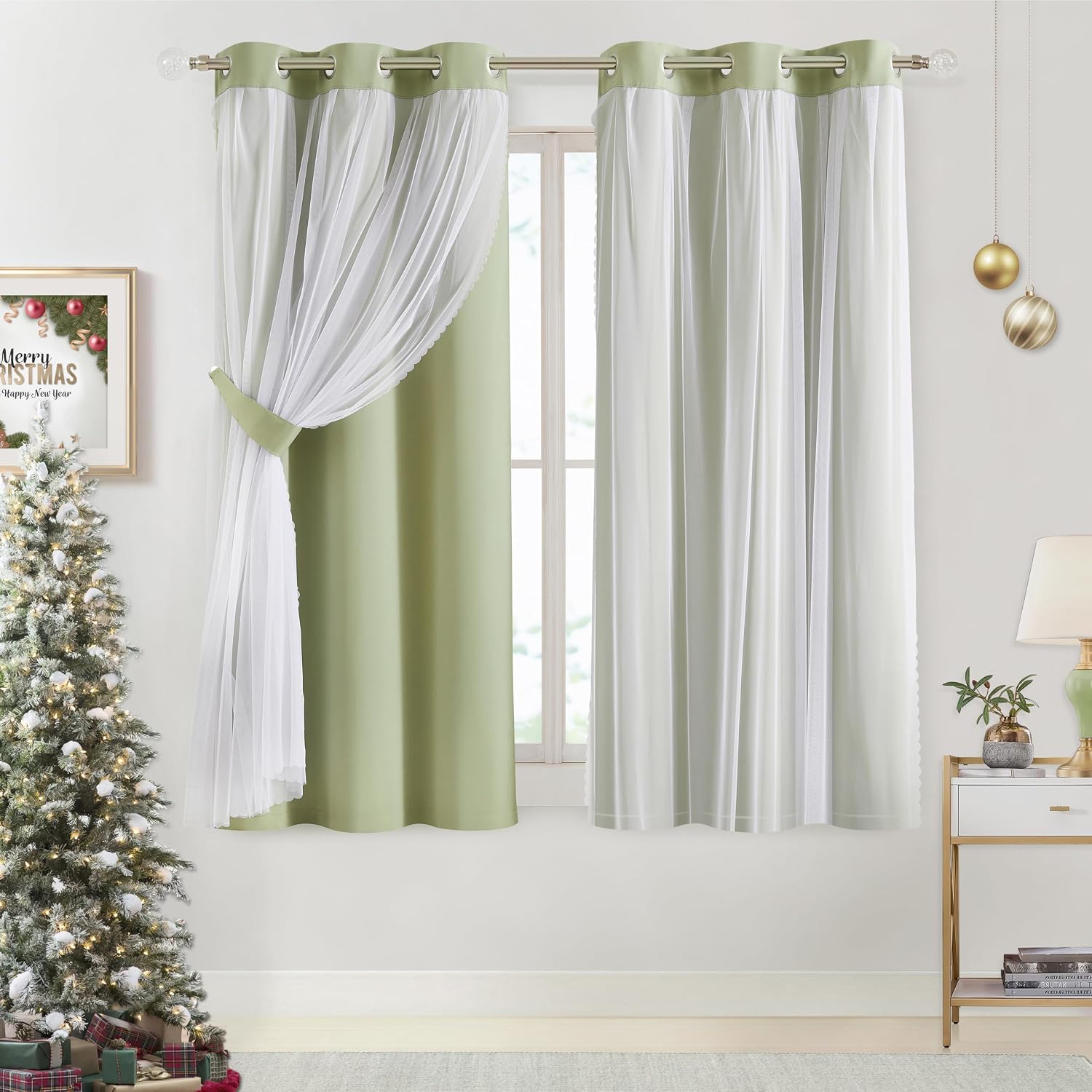Bujasso Sage Green 90% Blackout Curtains with Sheer Overlay Mix and Match Double Layer Thermal Insulated Window Panels 63 inch Living Room…