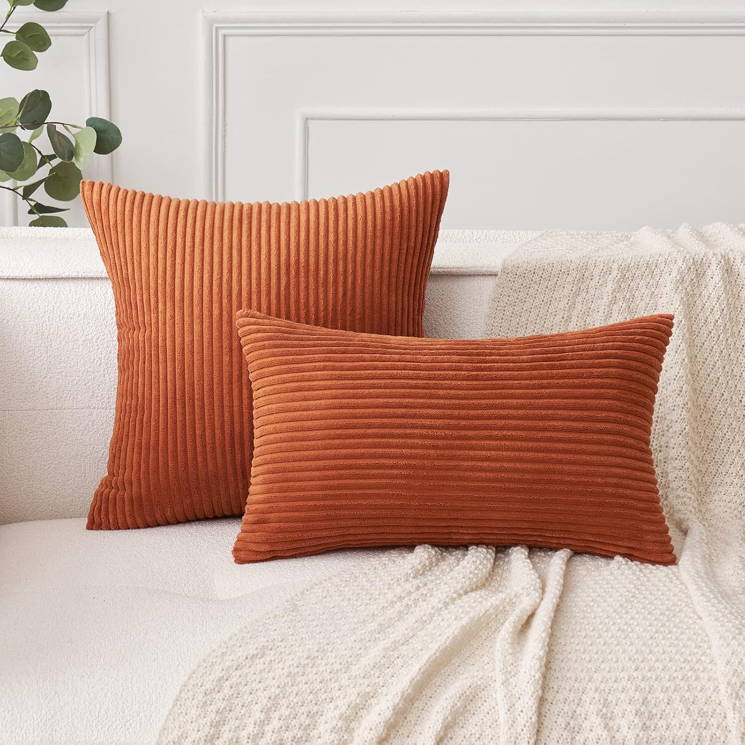 MIULEE Pack of 2 Rust Pillow Covers 12x20 Inch Soft Boho Striped Corduroy Throw Pillow Covers Set Decorative Square Cushion Cases…
