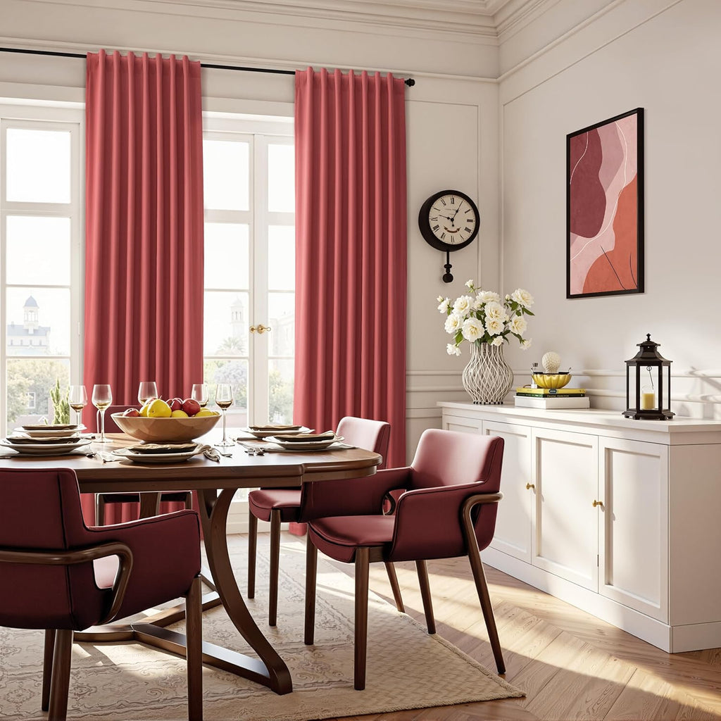 Guken Red Linen 100% Blackout Curtains 102 Inch Long for Bedroom 2 Panels Textured Farmhouse Room Darkening Back Tab Curtains Hooks Thermal…