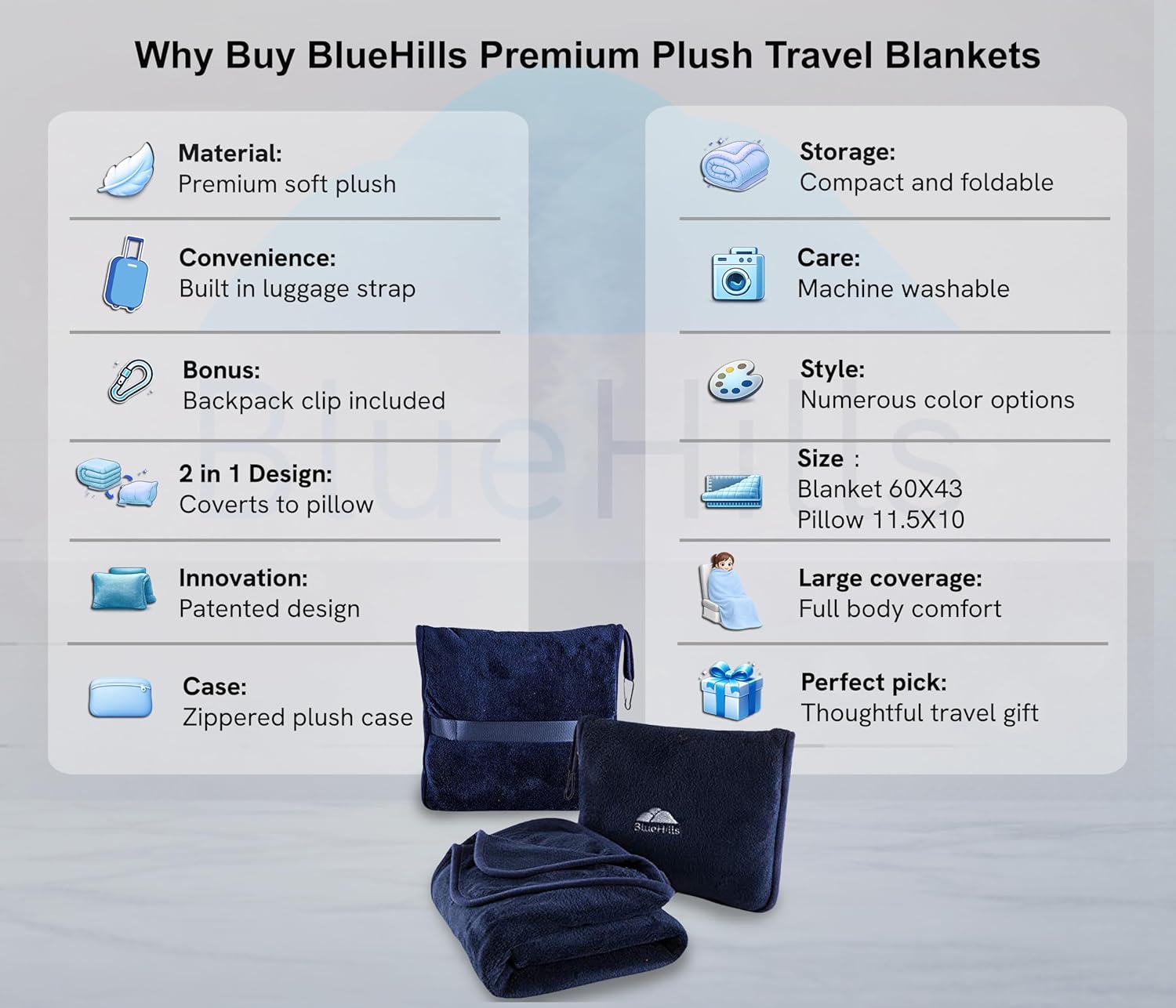 BlueHills Premium Soft 2-Pack Travel Blanket Pillows Airplane Large Plane Flight Throw Blankets for Two in Bag Compact Traveling…