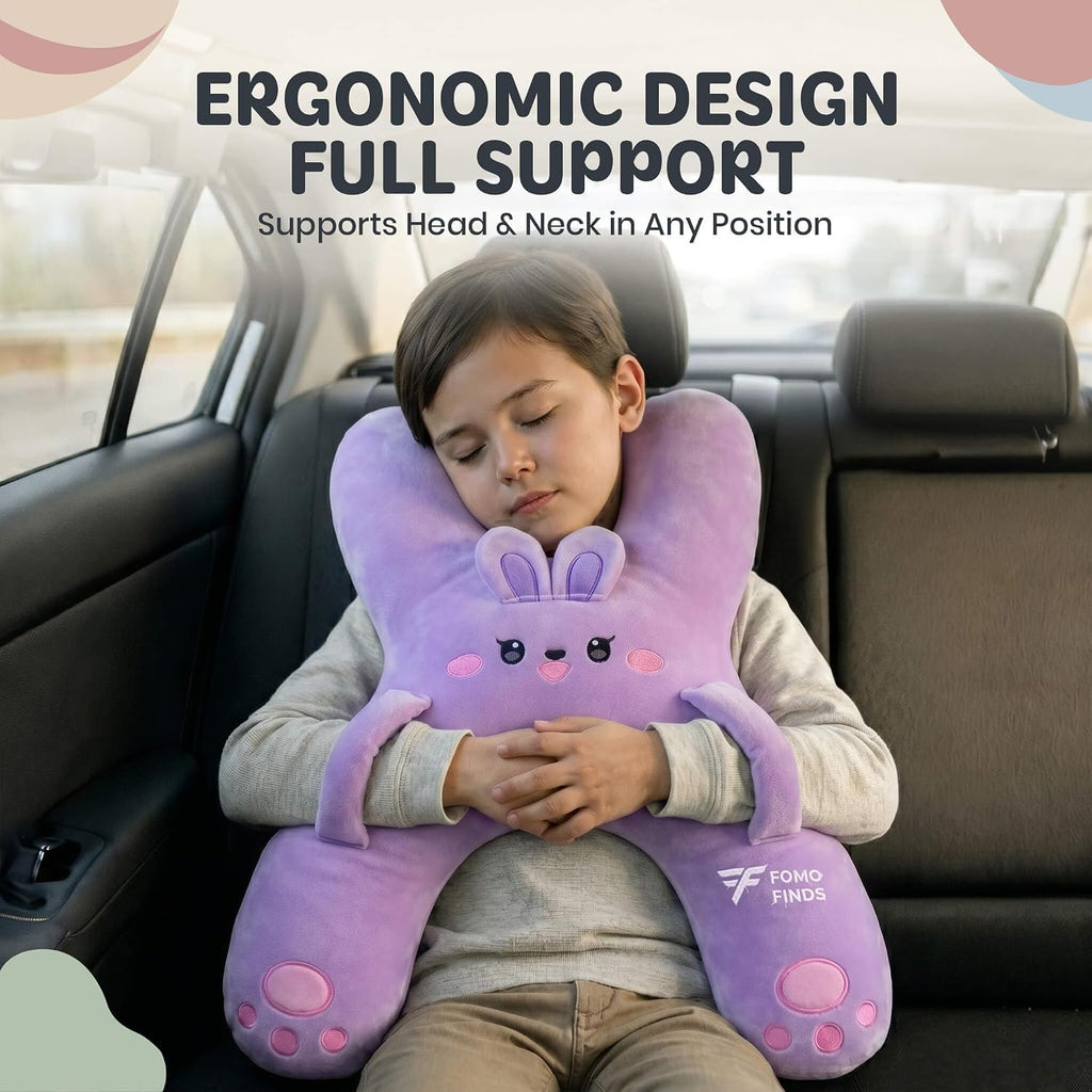 Kids Car Sleeping Pillow - X-Shaped Plush Animal for Neck & Back Support - Hands & Seat Belt Slot - Machine Washable & Compressible…