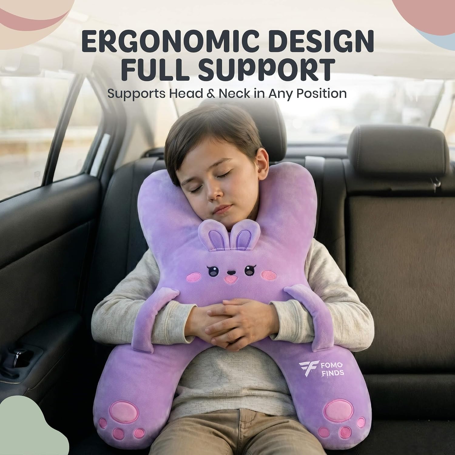Kids Car Sleeping Pillow - X-Shaped Plush Animal for Neck & Back Support - Hands & Seat Belt Slot - Machine Washable & Compressible…