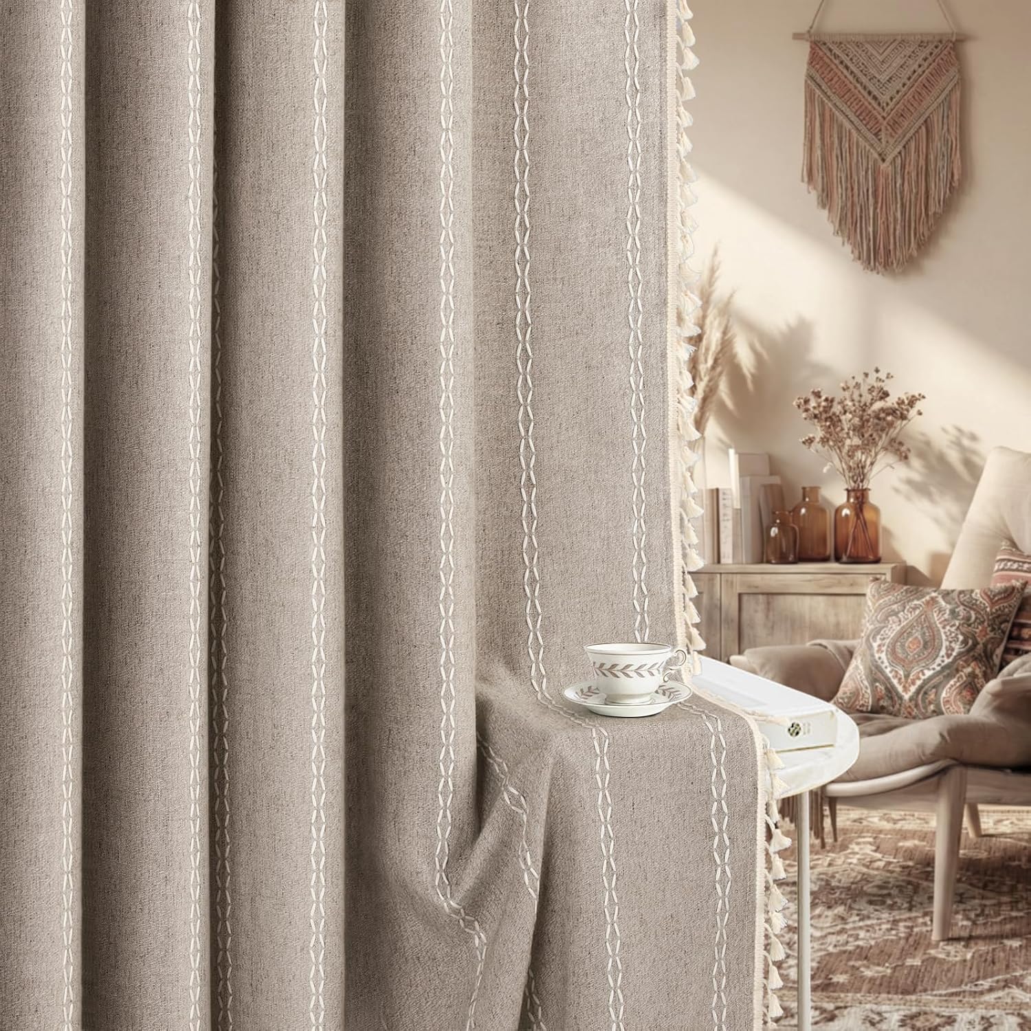 XOGUIBO Brown Boho Blackout Curtains 2 Panels 63 Inch for Living Room Bedroom, Warm Taupe Linen Texture Farmhouse Curtains with Tass…