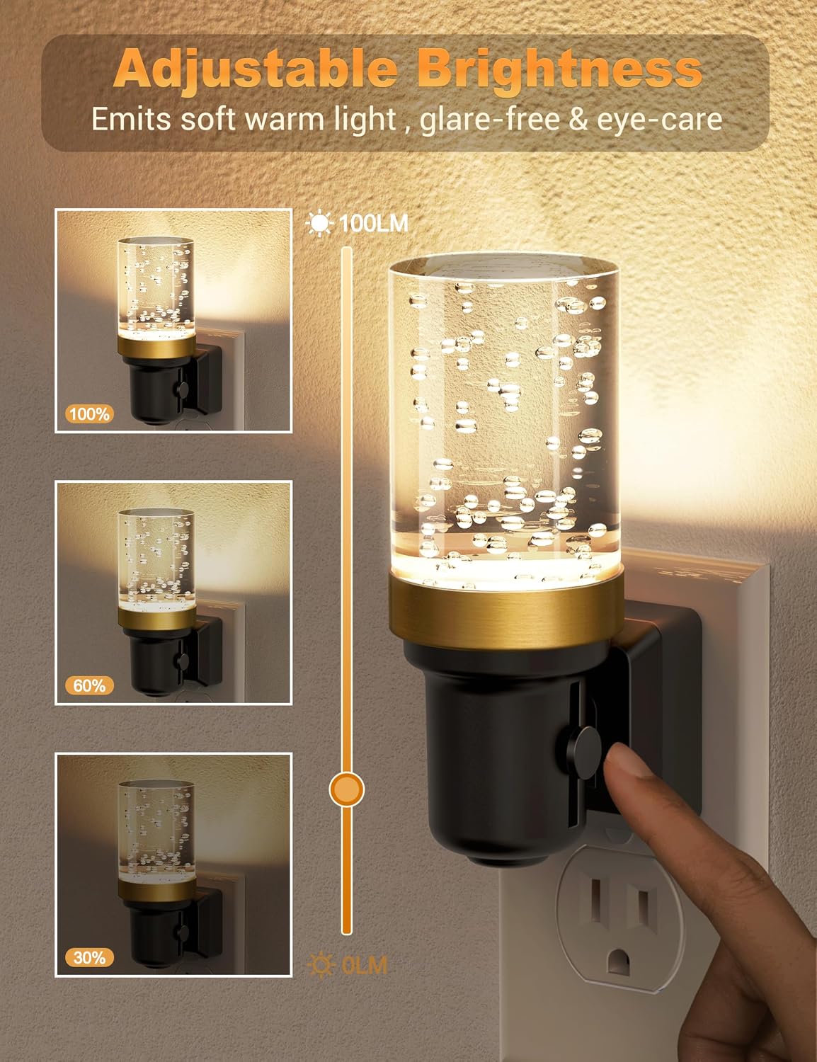 JandCase Night Light, Dimmable Night Lights Plug into Wall, Auto On/Off Light Sensor Nightlight, 3000K Warm White 0-100LM Brightness LED…
