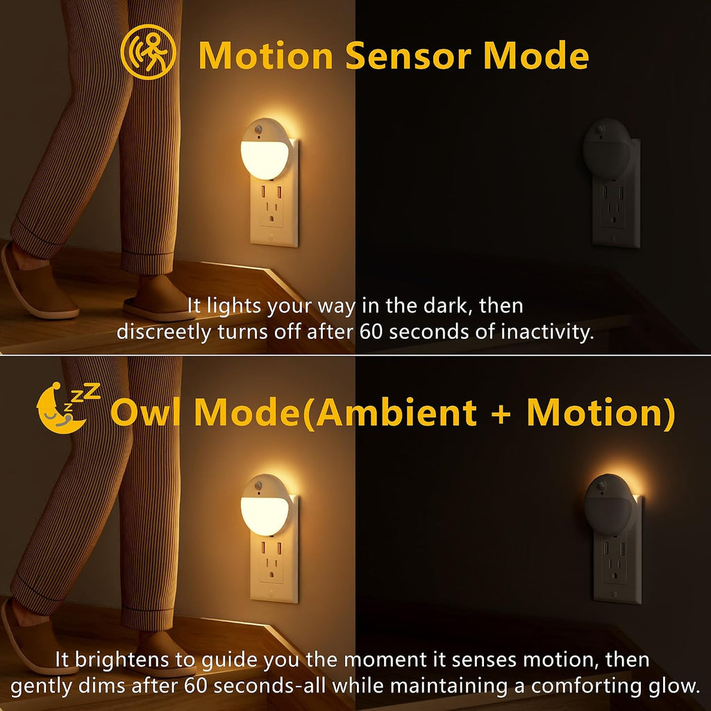 YUNLEX 2 Pack Plug in Night Light with Motion Sensor and Dusk to Dawn Sensor, Stepless Dimming, Warm White LED Nightlight with 3 Lighting…