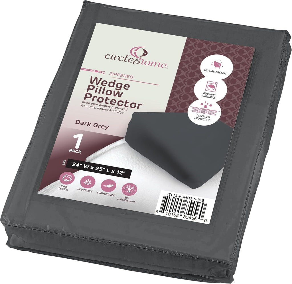 CirclesHome Wedge Pillow Cover 100% Cotton, Zippered Wedge Pillow Case Protector, Soft, Hypoallergenic & Breathable -Dark Grey, (24Wx25Lx12…