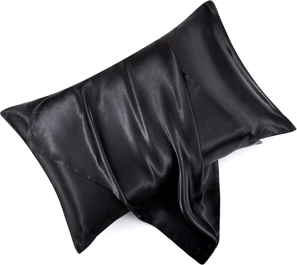 HommxJF Black Satin Pillowcase Standard Set of 2 with Envelope Closure, Black Silk Pillowcase for Hair and Skin (20x26) Black