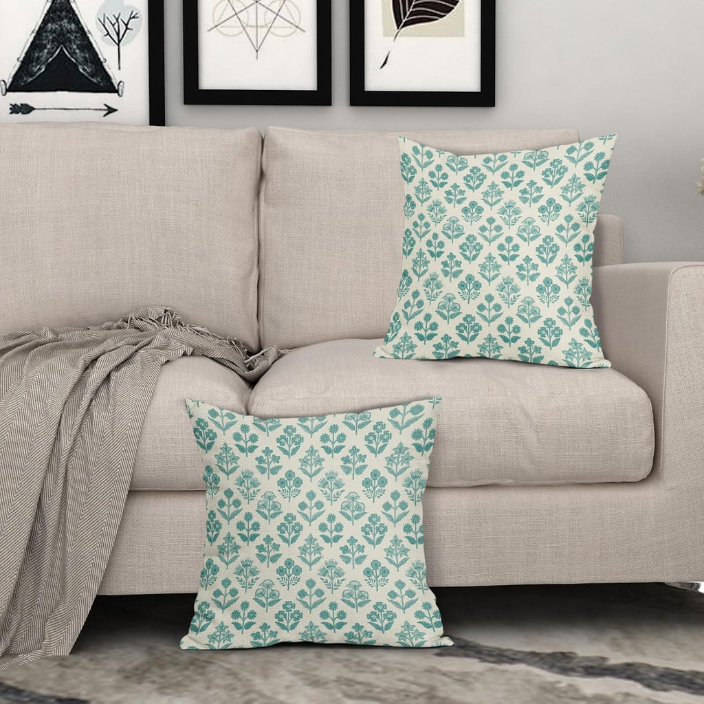 Teal Floral Pillow Covers 20x20 Inch Set of 2, Vintage Flower Block Print Pattern Decorative Throw Pillowcases Outdoor Farmhouse Cushion…