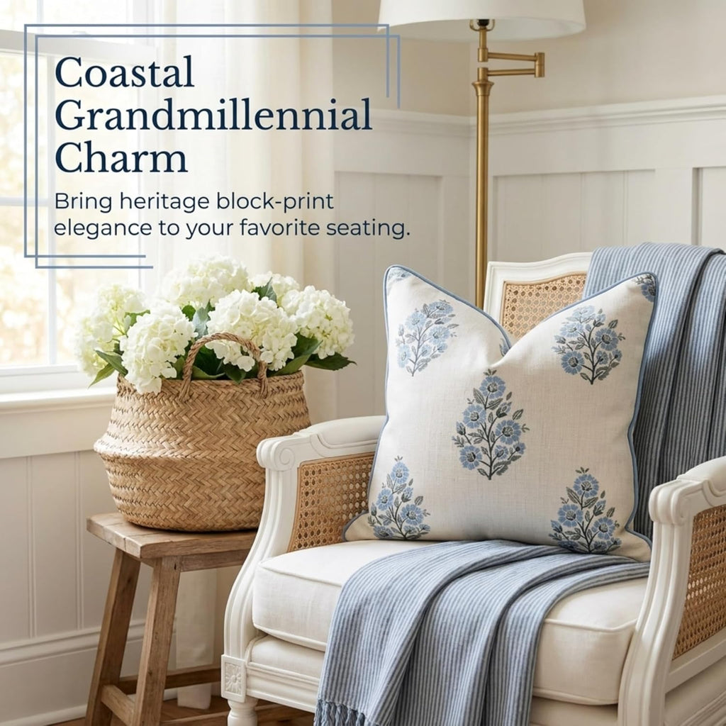 Jillien Harbor “The Camille” Floral Block Print Pillow Cover – Soft Blue and White Decorative Throw Pillow Cover – Grandmillennial Home…