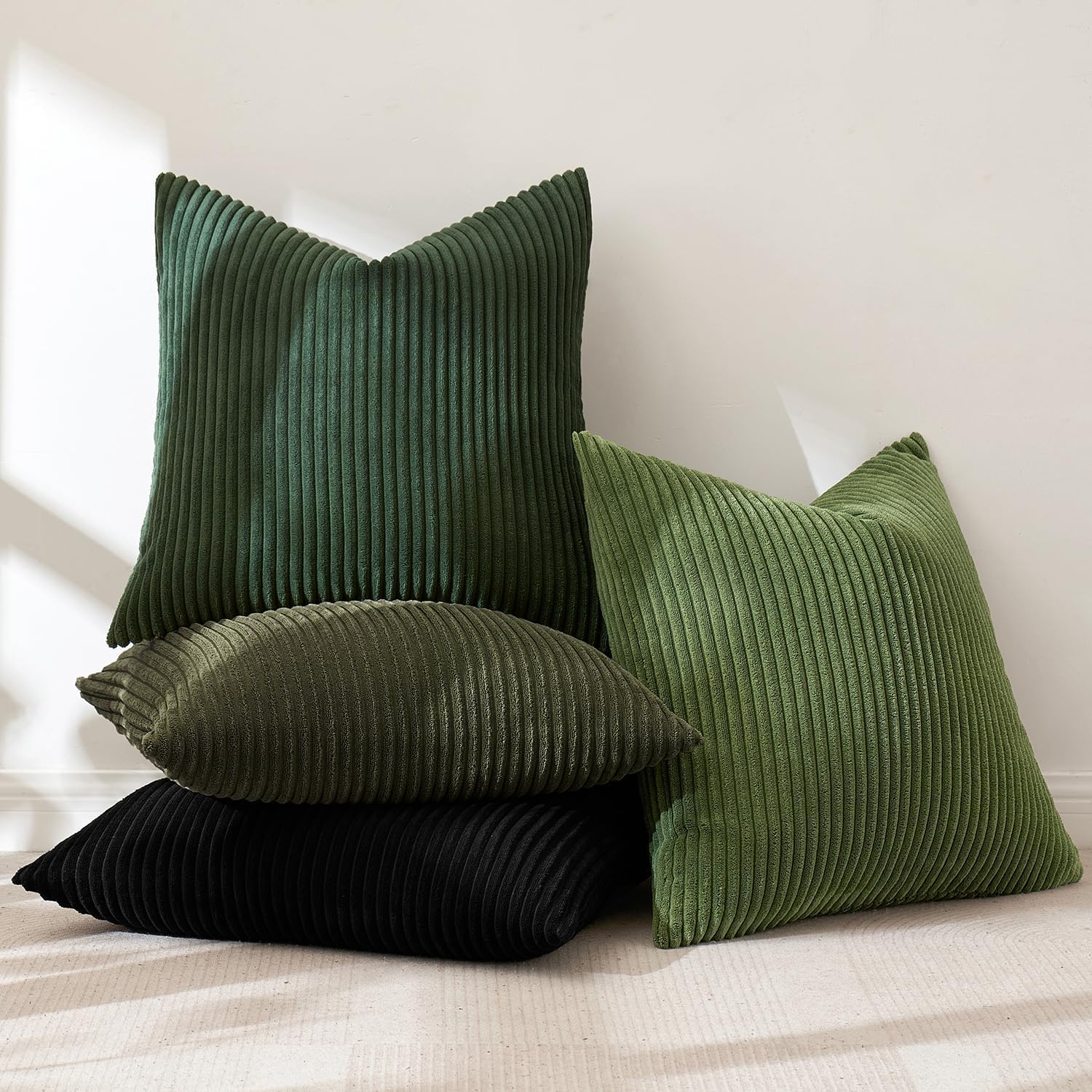 Miulee Boho Farmhouse Throw Pillow Covers 18x18 Inch Set of 4 Mordern Neutral Green Cushion Covers Soft Corduroy Nordic Home Decor for Spri…