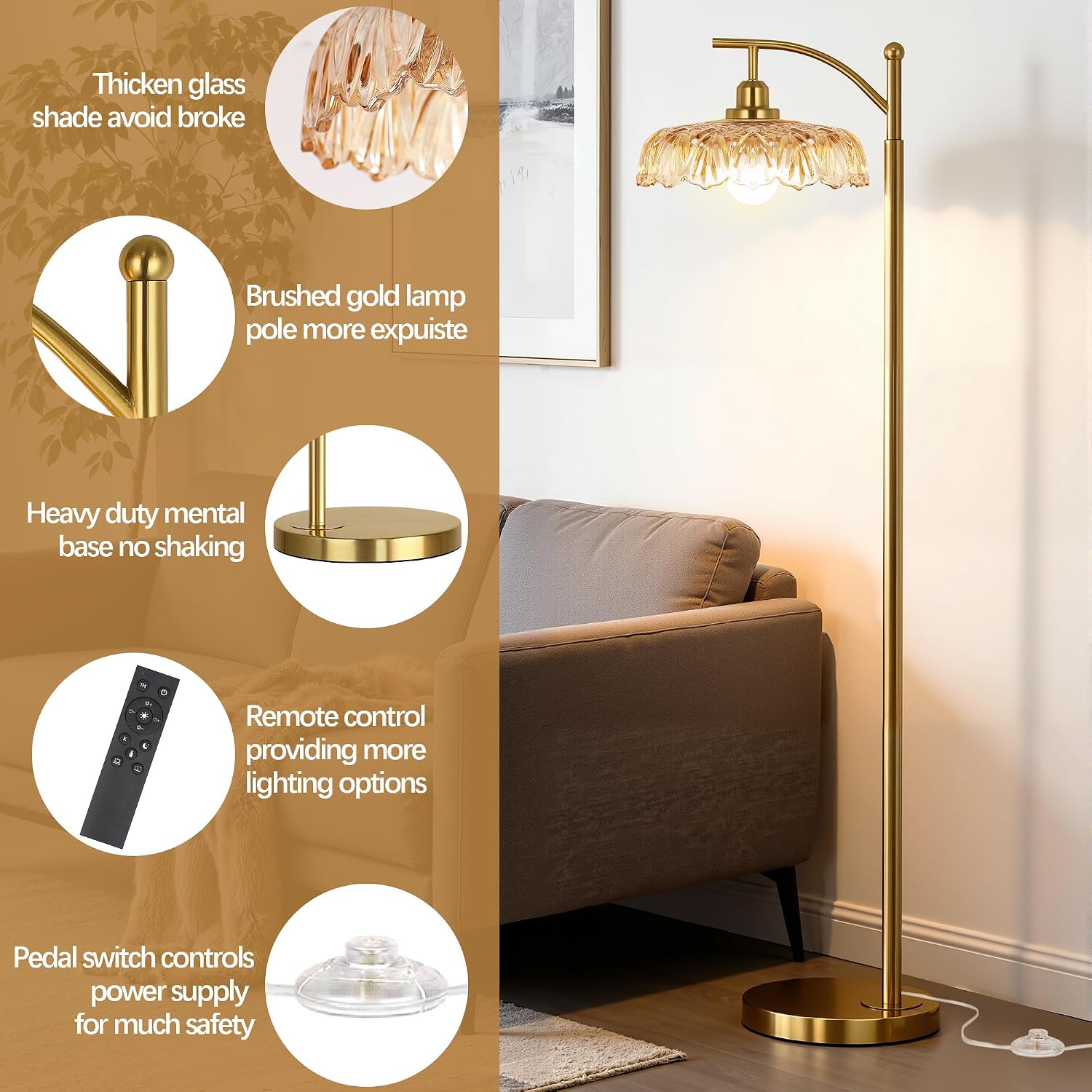 Gold Floor Lamp for Living Room, Dimmable Mid Century Modern Standing Lamp with Remote Control and Amber Glass Shade, 68" Tall Lamp for…