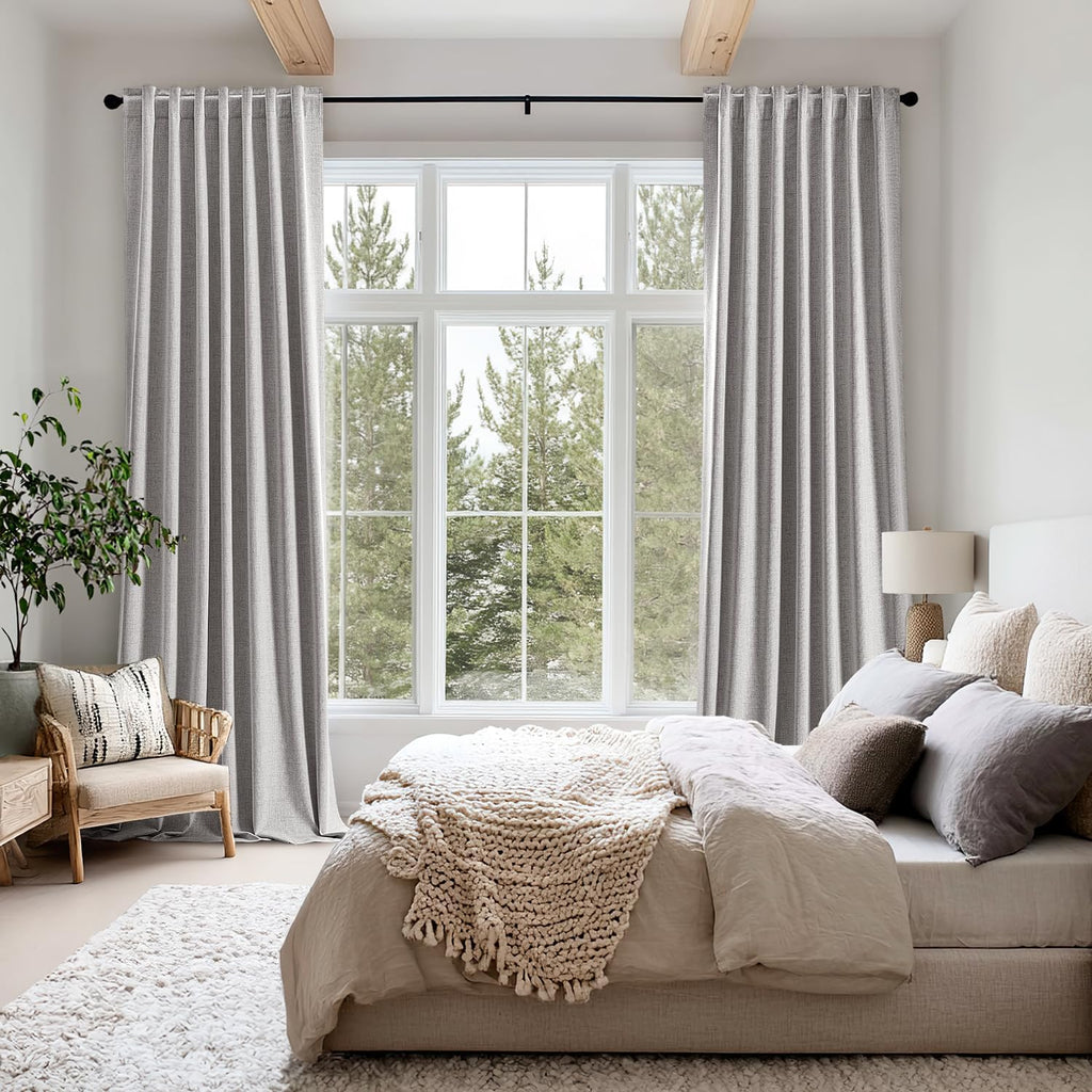 Miulee 100% Blackout Linen Curtains for Bedroom, Greyish White Solid Luxury Decor Thermal Insulation Room Darkening Drapes for Living Room…