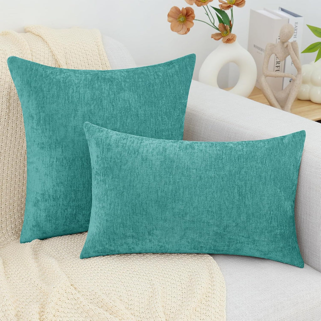 decorUhome Chenille Turquoise Summer Throw Pillow Covers 22x22 Inch Set of 2, Decorative Soft Couch Pillow Covers Solid Dyed Accent Farmhou…