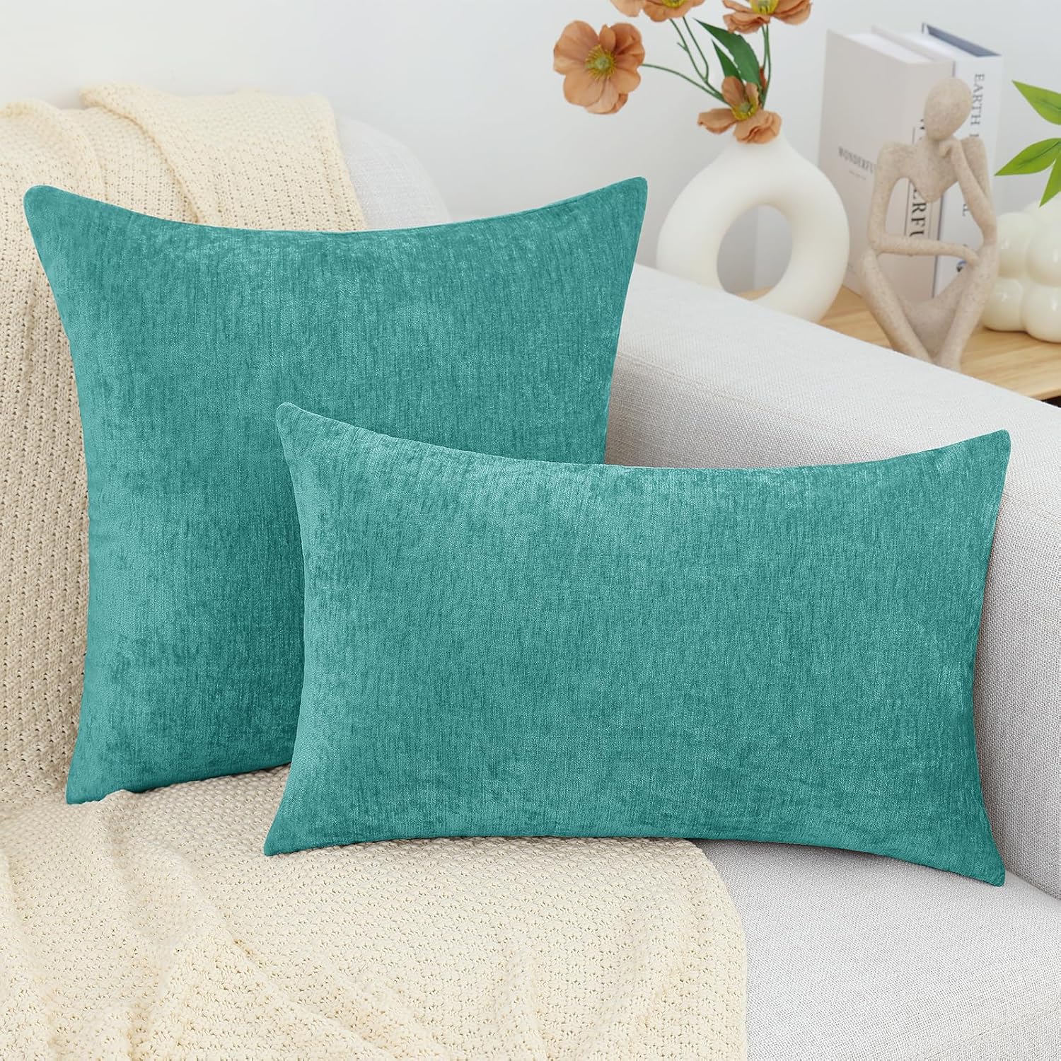 decorUhome Chenille Turquoise Summer Throw Pillow Covers 26x26 Inch Set of 2, Decorative Soft Couch Pillow Covers Solid Dyed Accent Farmhou…