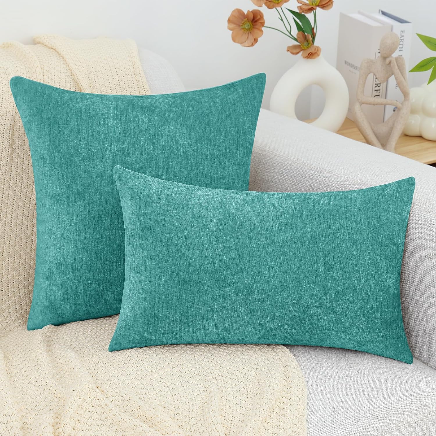 decorUhome Chenille Turquoise Summer Throw Pillow Covers 18x18 Inch Set of 2, Decorative Soft Couch Pillow Covers Solid Dyed Accent Farmhou…