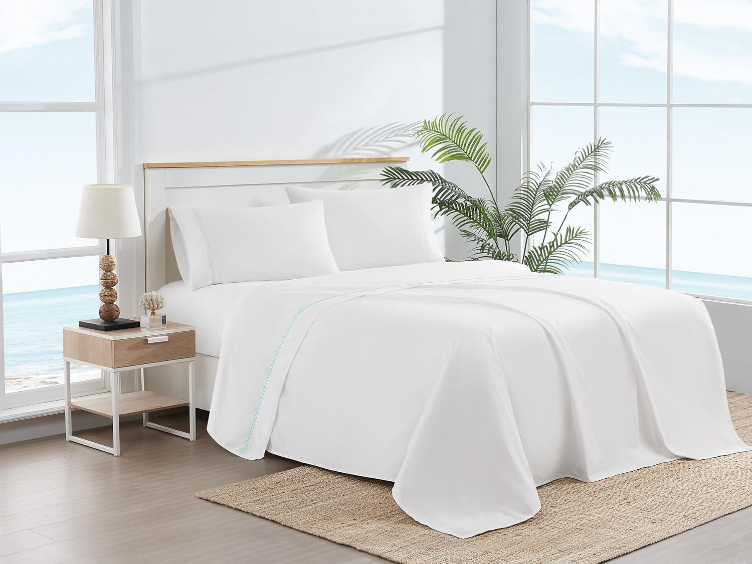 Scout 100% Cotton 200 Thread Count Percale Pick Stitch White/Seafoam 3-Piece Twin XL Sheet Set, Solid Themed, Adult Bedding, Oeko-TEX Certi…