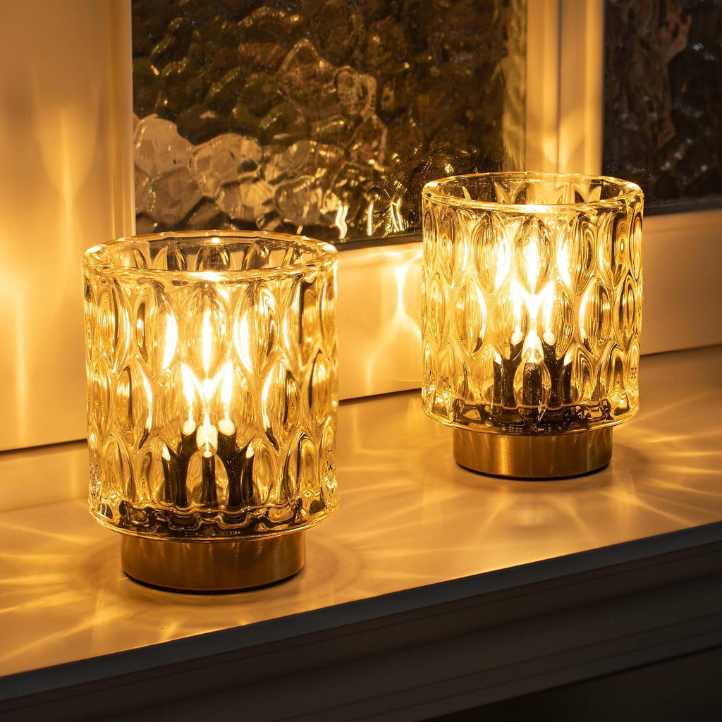 LUSHARBOR Battery Operated Table Lamp Set of 2, Small Gold Glass Decorative Lamps with Timer, Cordless Mini Ambient Lights for Bedroom…