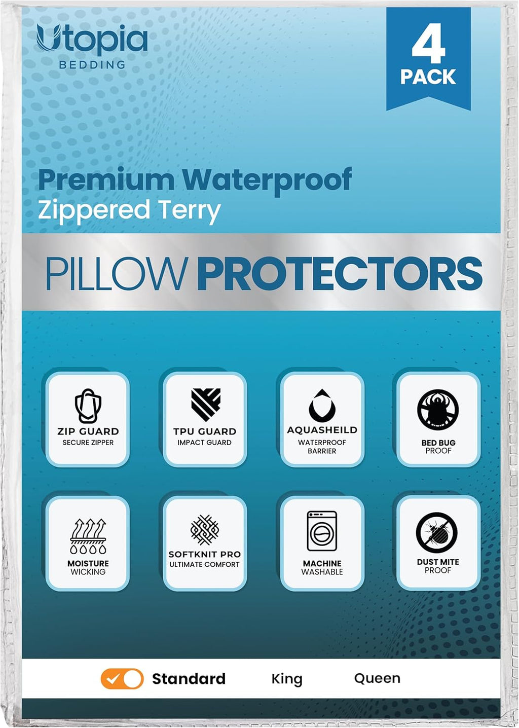 Utopiabedding Utopia Bedding Set of 4 Waterproof Pillow Protectors with Zipper Standard Size, Terry Pillow Covers, Bed Bug and Dust Mite Pr…