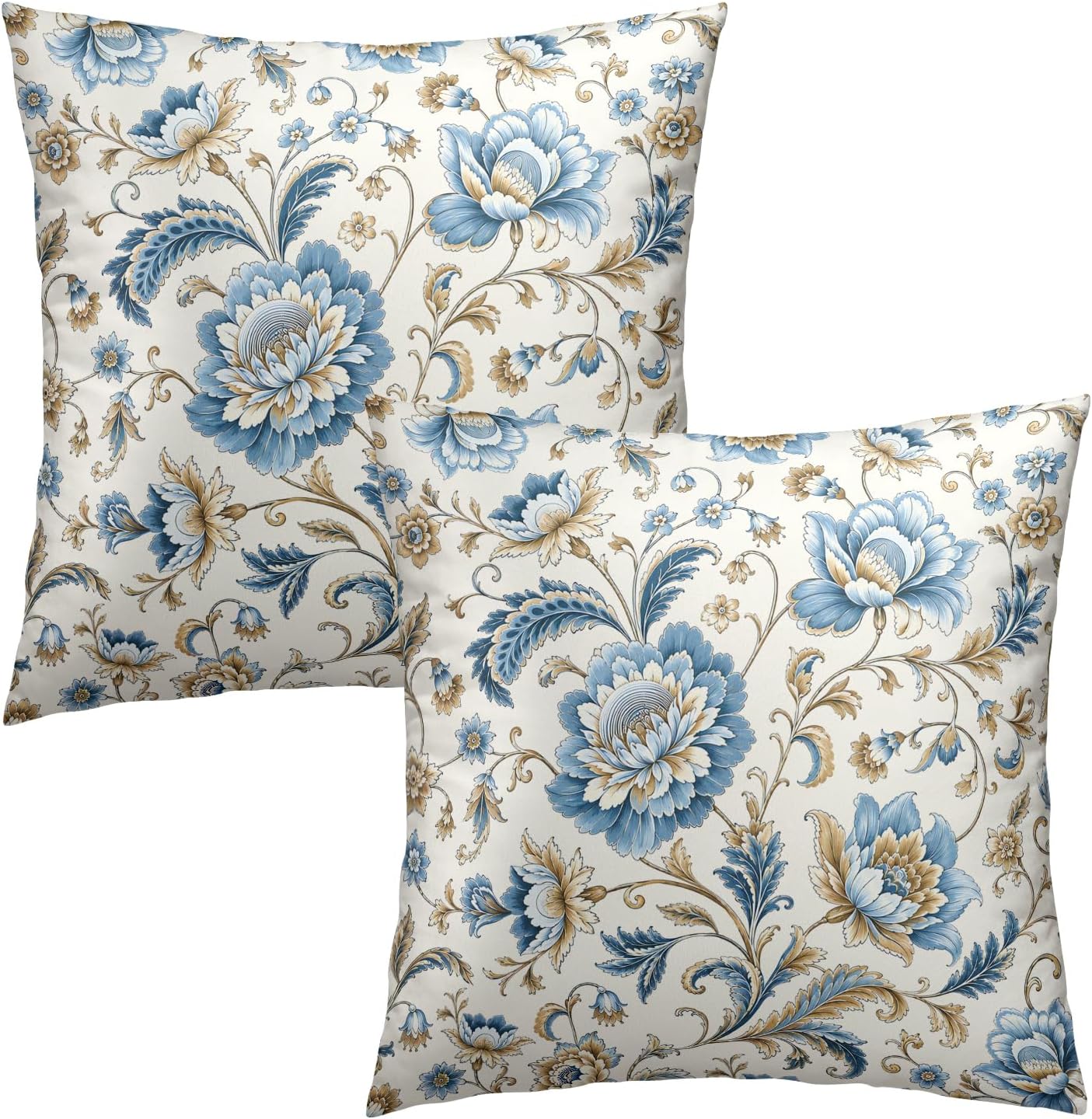 Blue Flowers Chinoiserie Print Throw Pillow Covers 22x22 Inch Set of 2 Vintage Floral Boho Cottage Spring Fall Decor Cushion Cover…