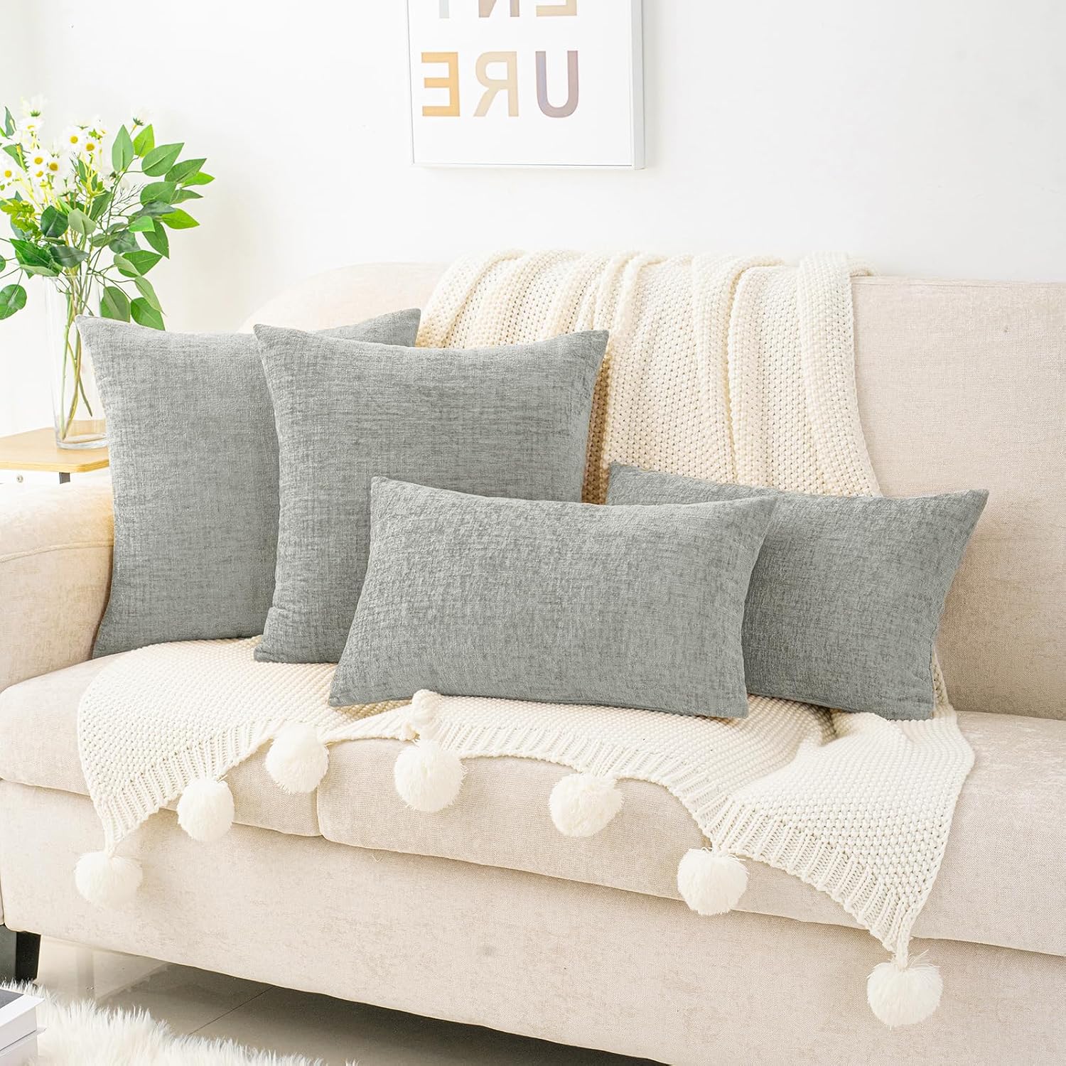 Hwy50 HWY 50 Gray Lumbar Pillow Covers 12x20 Inch Pack of 2, Soft Chenille Decorative Throw Pillow Covers Farmhouse for Couch Sofa Living R…
