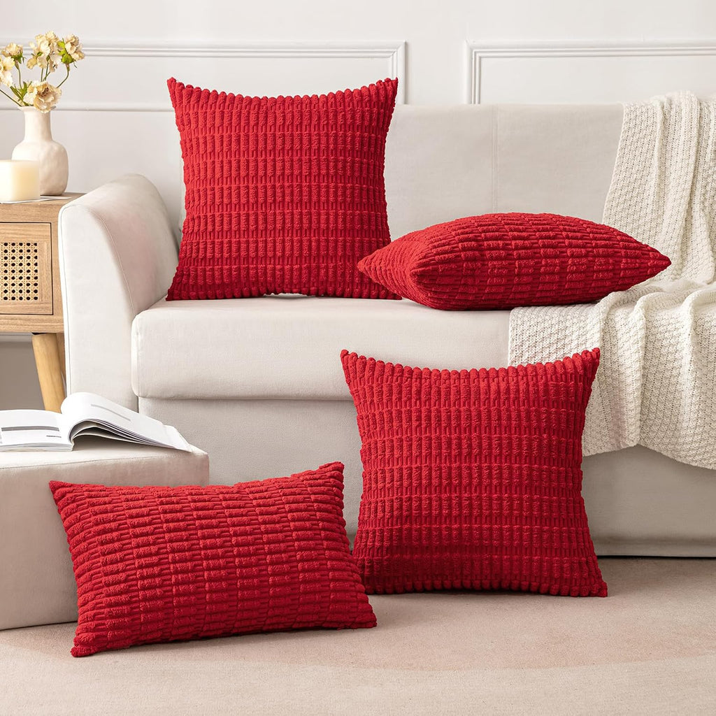 Miulee Pack of 2 Red Corduroy Decorative Pillow Covers 18x18 Inch Soft Boho Striped Throw Pillow Covers Modern Farmhouse Home Decor for Sof…