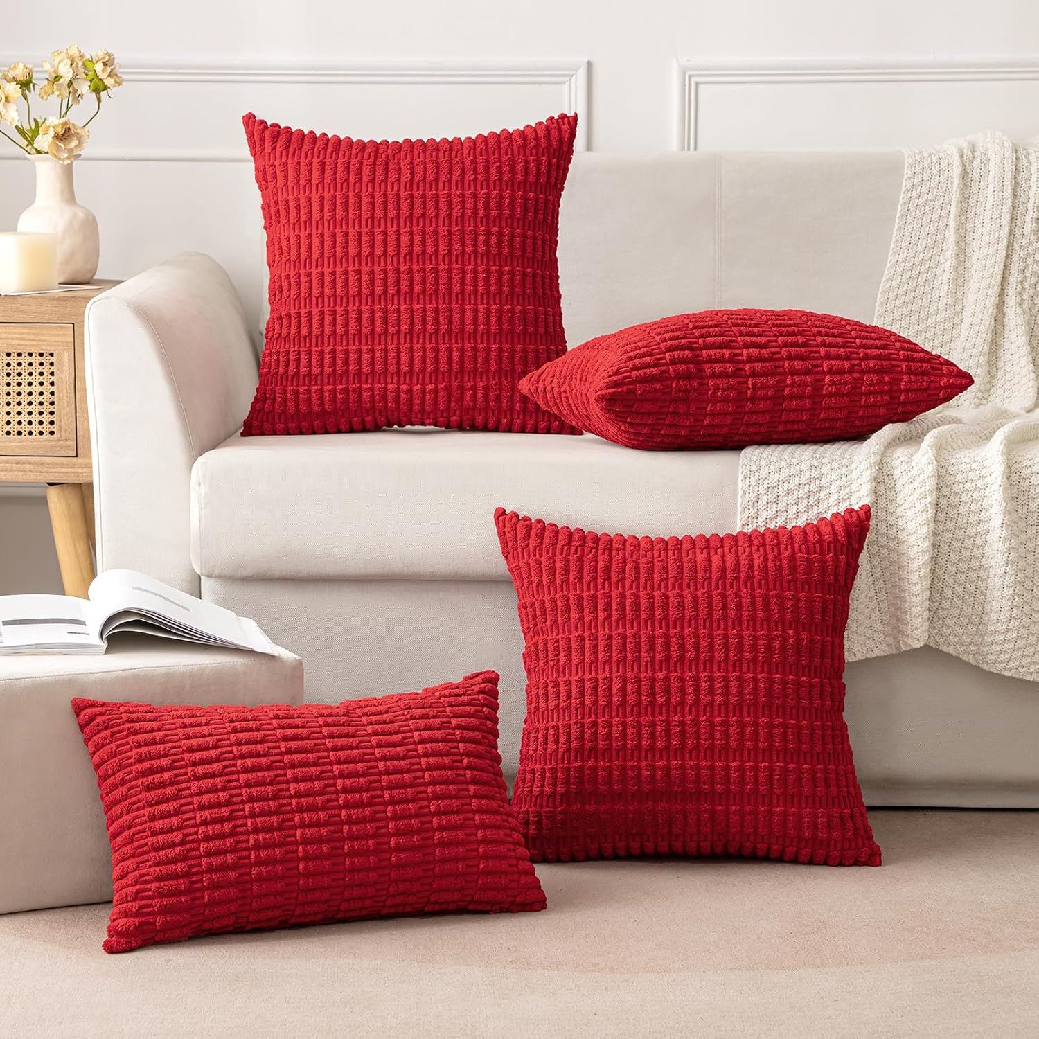 Miulee Pack of 2 Red Corduroy Decorative Pillow Covers 18x18 Inch Soft Boho Striped Throw Pillow Covers Modern Farmhouse Home Decor for Sof…