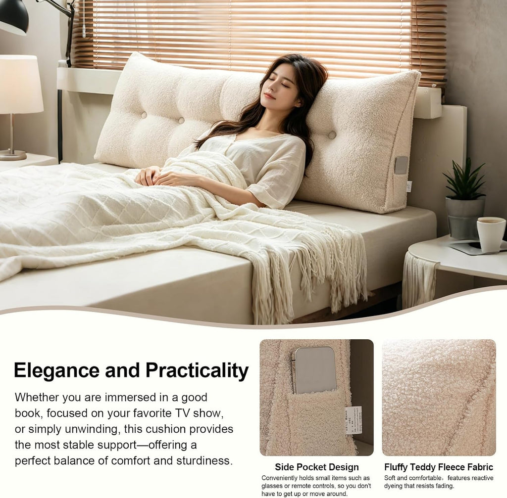 Headboard Pillow Wedge Soft Teddy Velvet Reading Pillow for Bed, Backrest Cushion with Removable Cover & Side Pockets, Comfortable…