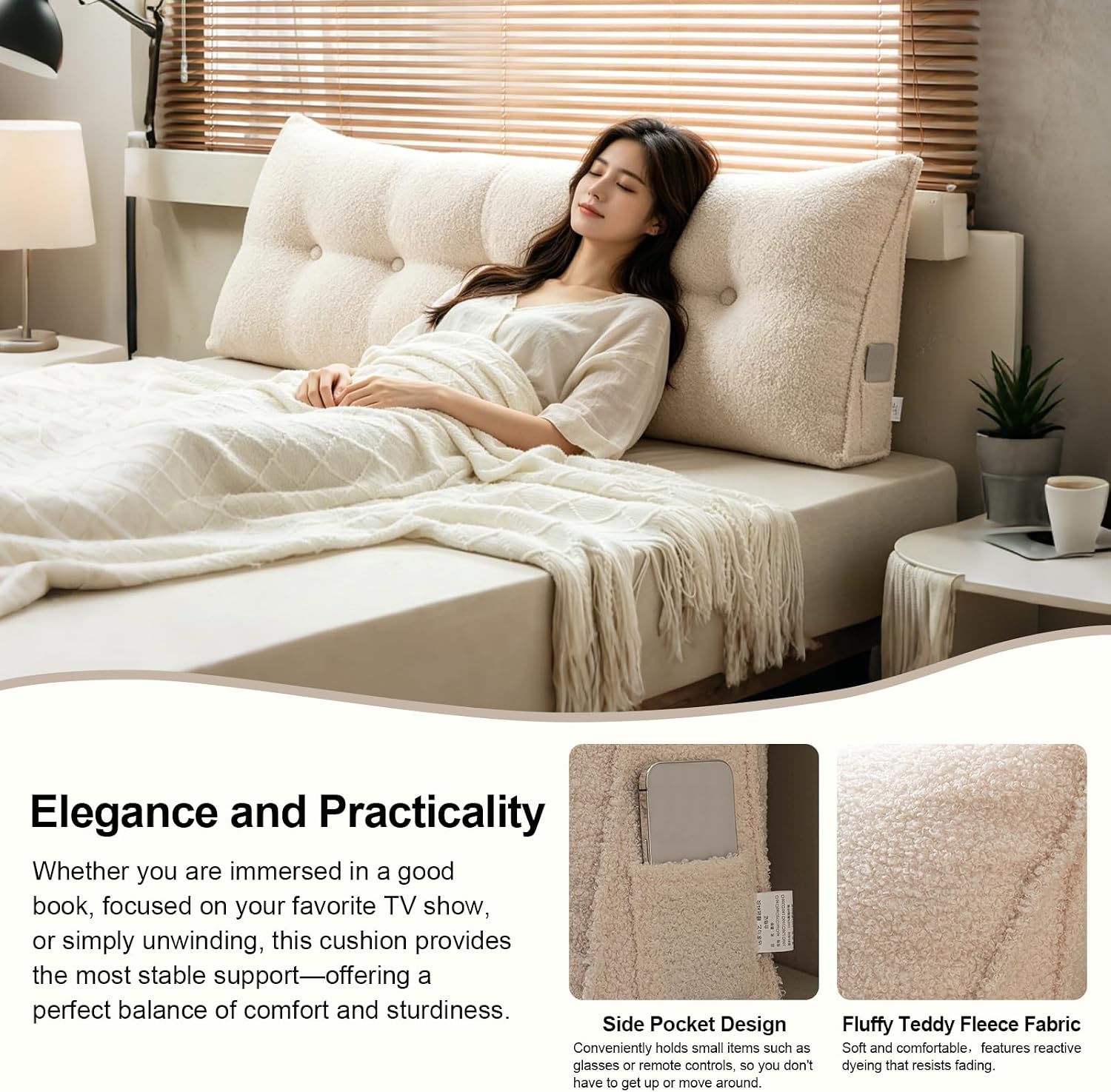 Headboard Pillow Wedge Soft Teddy Velvet Reading Pillow for Bed, Backrest Cushion with Removable Cover & Side Pockets, Comfortable…