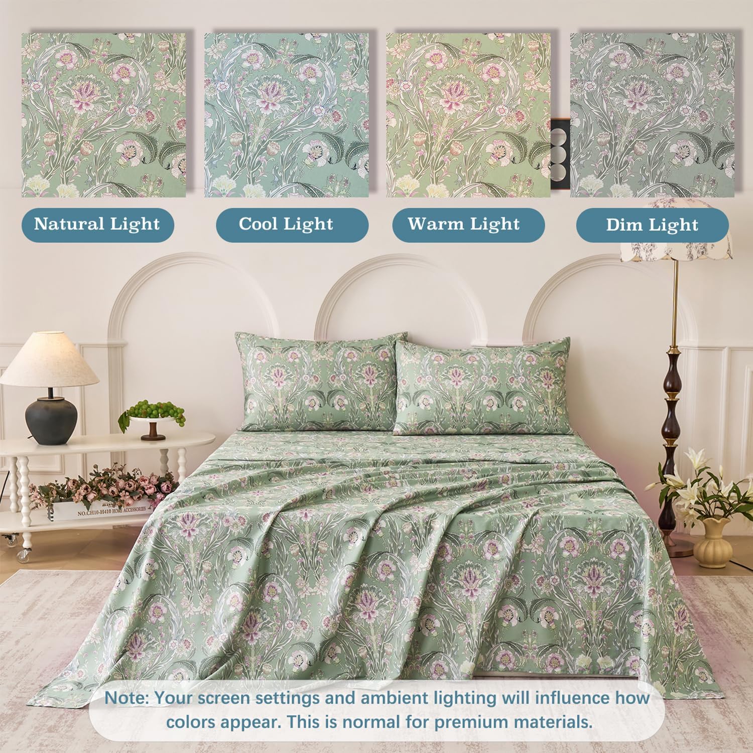 Softtouchsweetdreams Boho Sheets Silky Green Floral Bed Sheet Set King Size 100% Cotton Satin Weave Botanical Leaf Printed Cooling Sheets S…