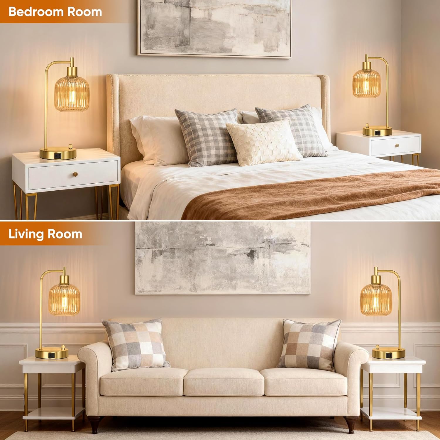 QiMH Industrial Table Lamp for Bedroom Set of 2, Champagne Glass Beside Lamp with USB A&C Ports, Stepless Dimmable Gold Lamps, Nightstand…