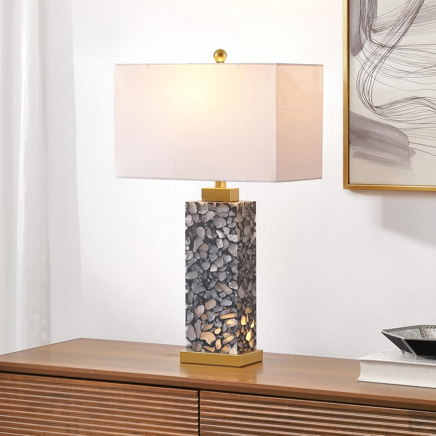 Jonathany JONATHAN Y 27.5" Black Alabaster Gold Rectangular Table Lamp with Night Light Contemporary Coastal Bedside Lamp for Bedroom with…