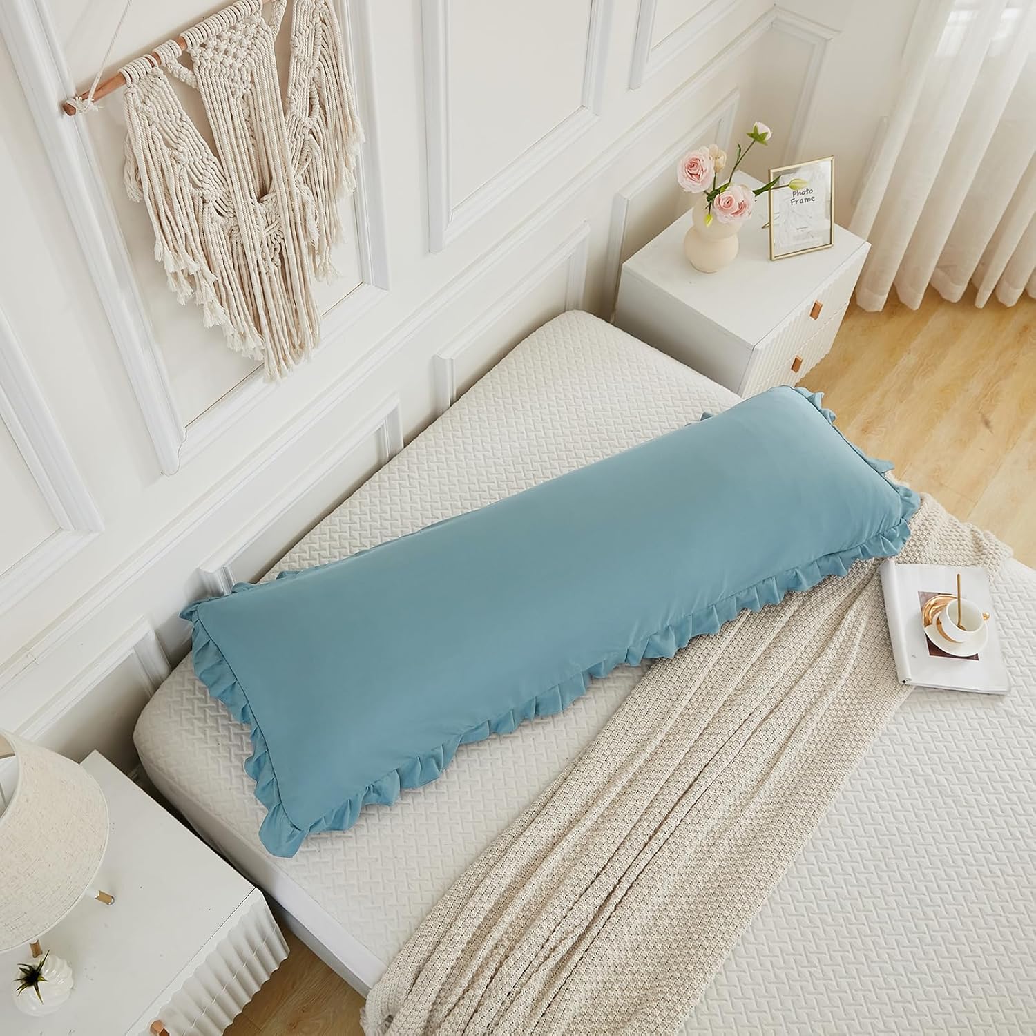 Merryword Dusty Blue Body Pillow Cover 20x54inches Long Pillowcase Ruffled Fringe Decor Sham Cute Pillowcase (1 Body) Blue
