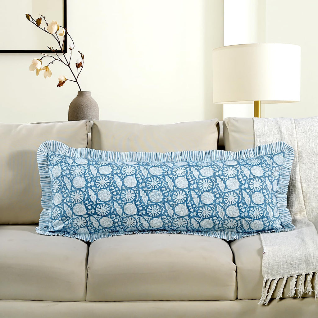 Cottonprintclub CPC Hand Block Print Blue Meadow Ruffle Sham Pillow Cover 36" x 14" inch Hidden Zipper Decorative Pillowcase for Couch, Bed…