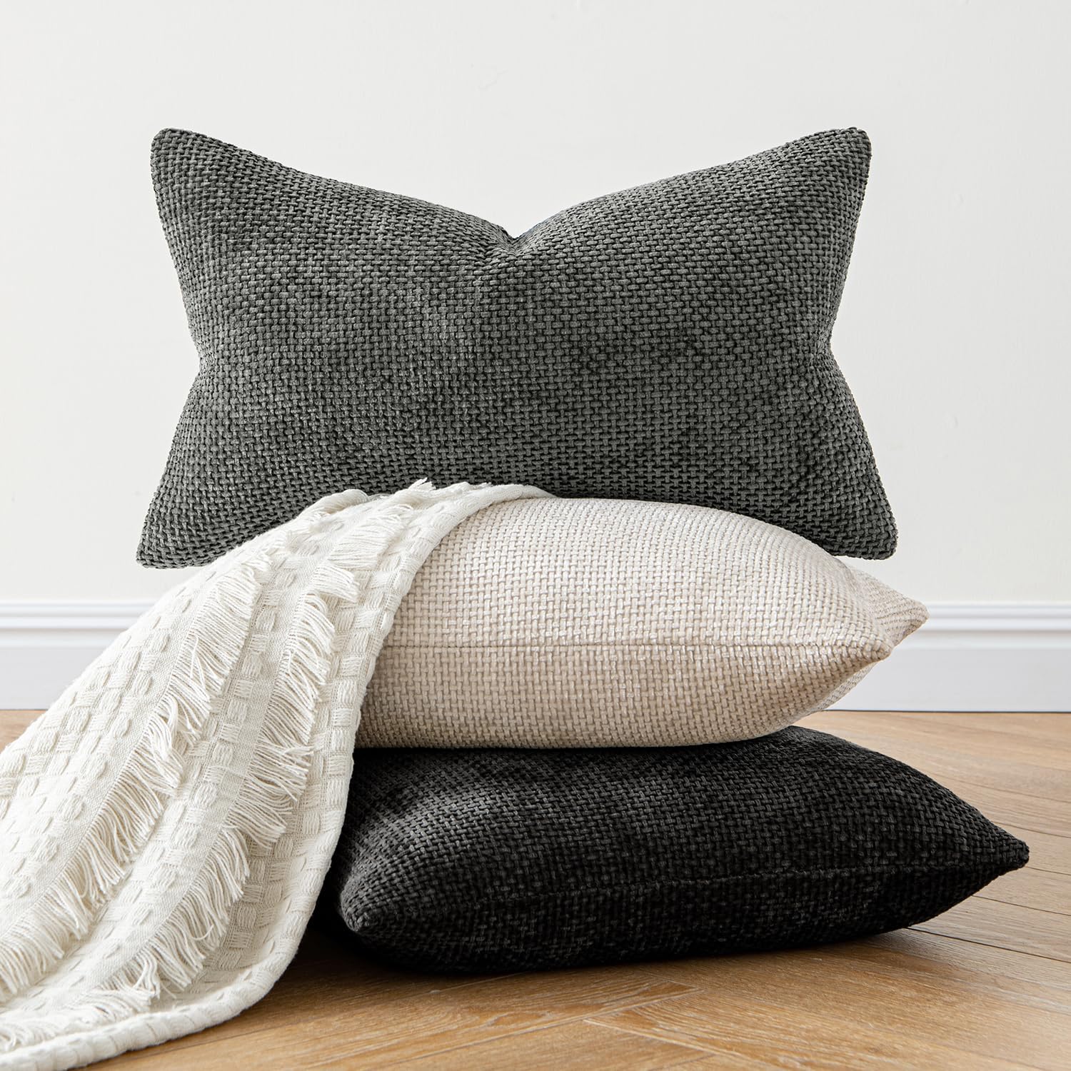 Miulee Pack of 2 Lumbar Couch Throw Pillow Covers 20x12 Inch Neutral Beige Modern Boho Accent Decorative Pillow Covers Soft Chenille Farmho…