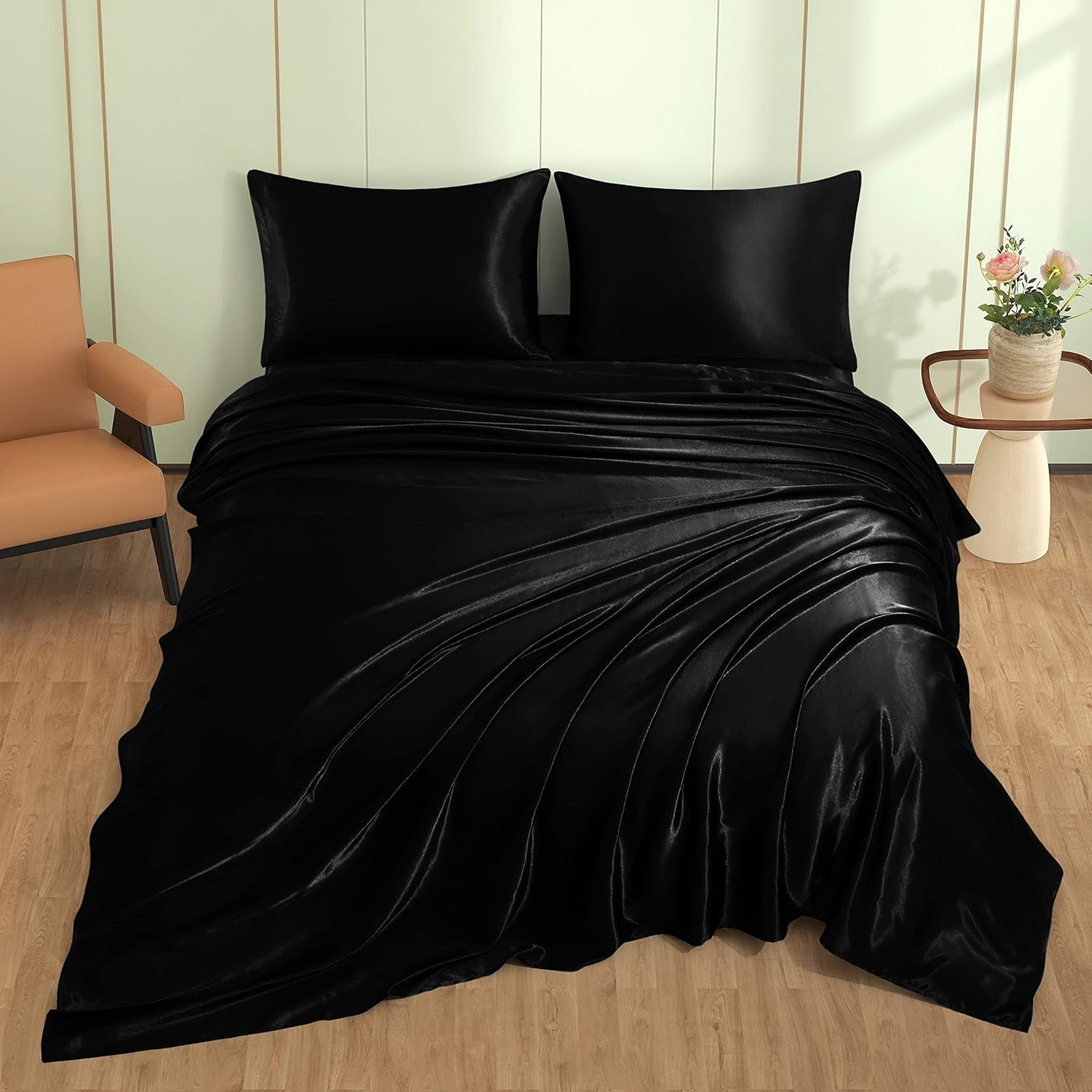 VACVELT 4pcs Black Satin Sheets Queen Size Bed Set, 15 Inch Deep Pocket Silky Satin Sheet Set, Soft Satin Bedding Set Cooling & Luxury…