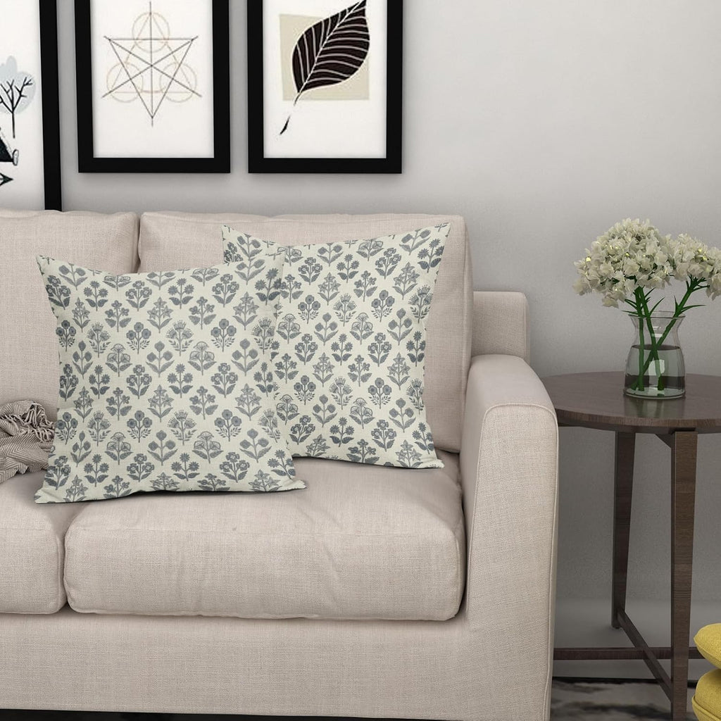 Dusty Blue Floral Pillow Covers 18x18 Inch Set of 2, Vintage Flower Block Print Pattern Decorative Throw Pillowcases Outdoor Farmhouse…