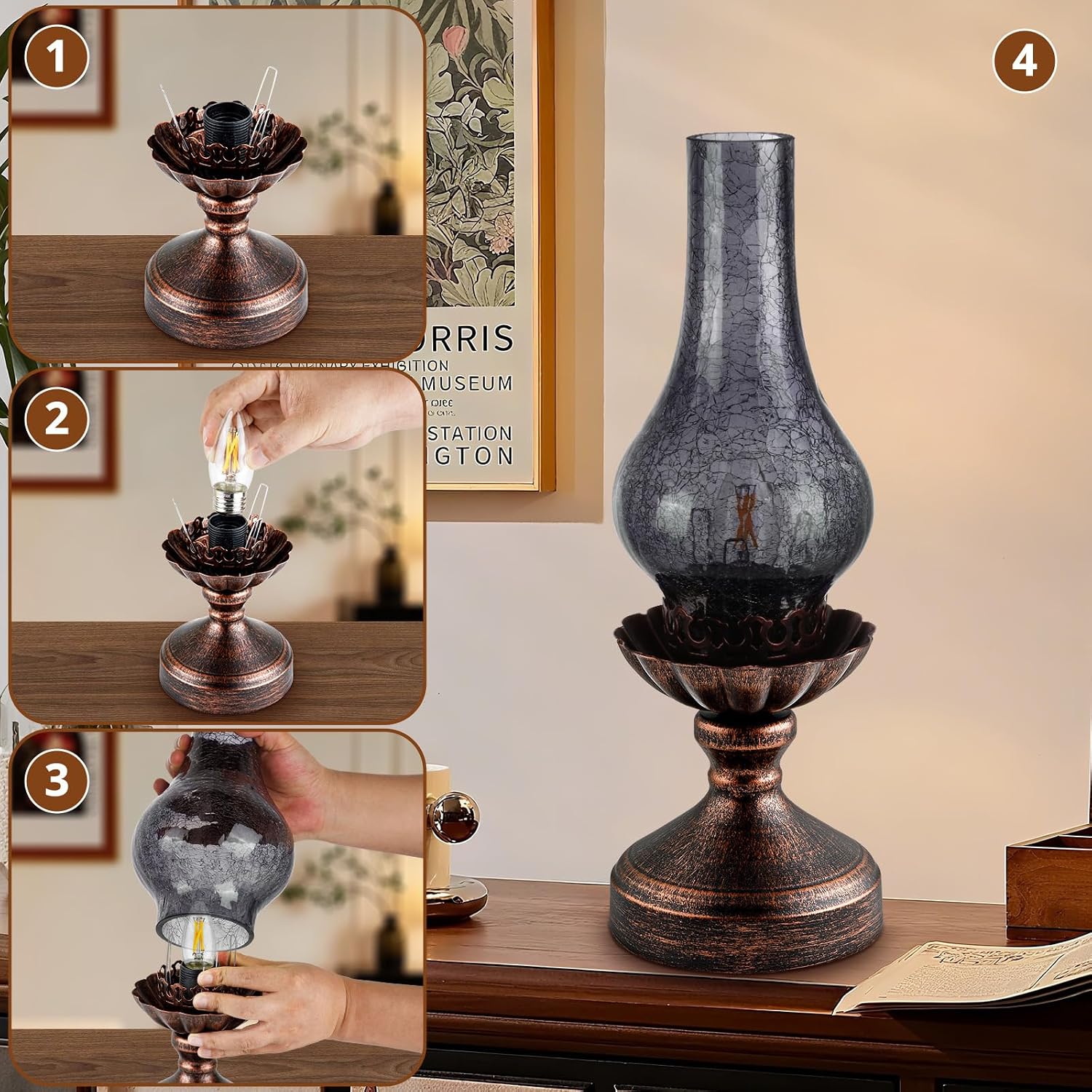 Vintage Table Lamp with Smoke Grey Crackle Glass Shade, Touch Control & 3-Way Dimmable Rustic Retro Farmhouse Bedside Lamp for Bedroom…