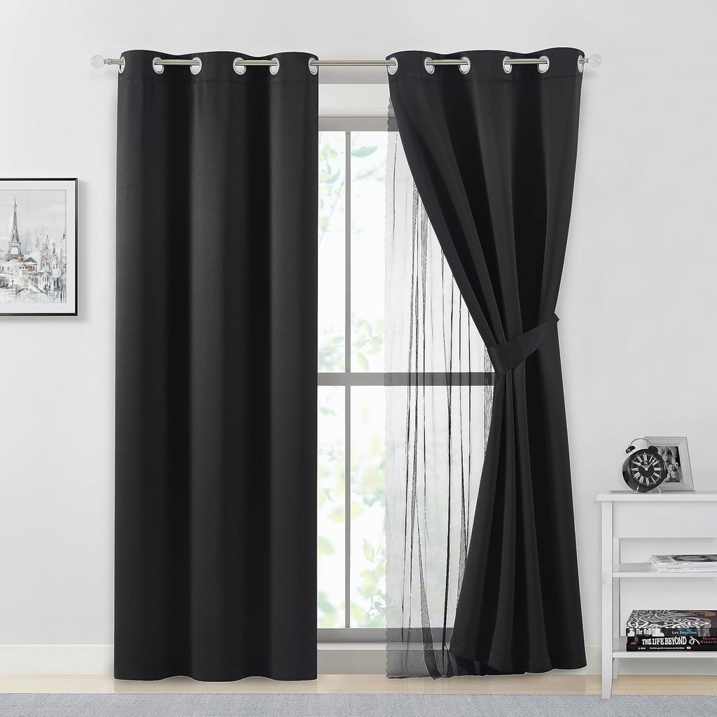 Bujasso Black Full Blackout Curtains with Sheer Overlay Mix and Match Double Layer Thermal Insulated Window Panels 84 inch for Living Room…