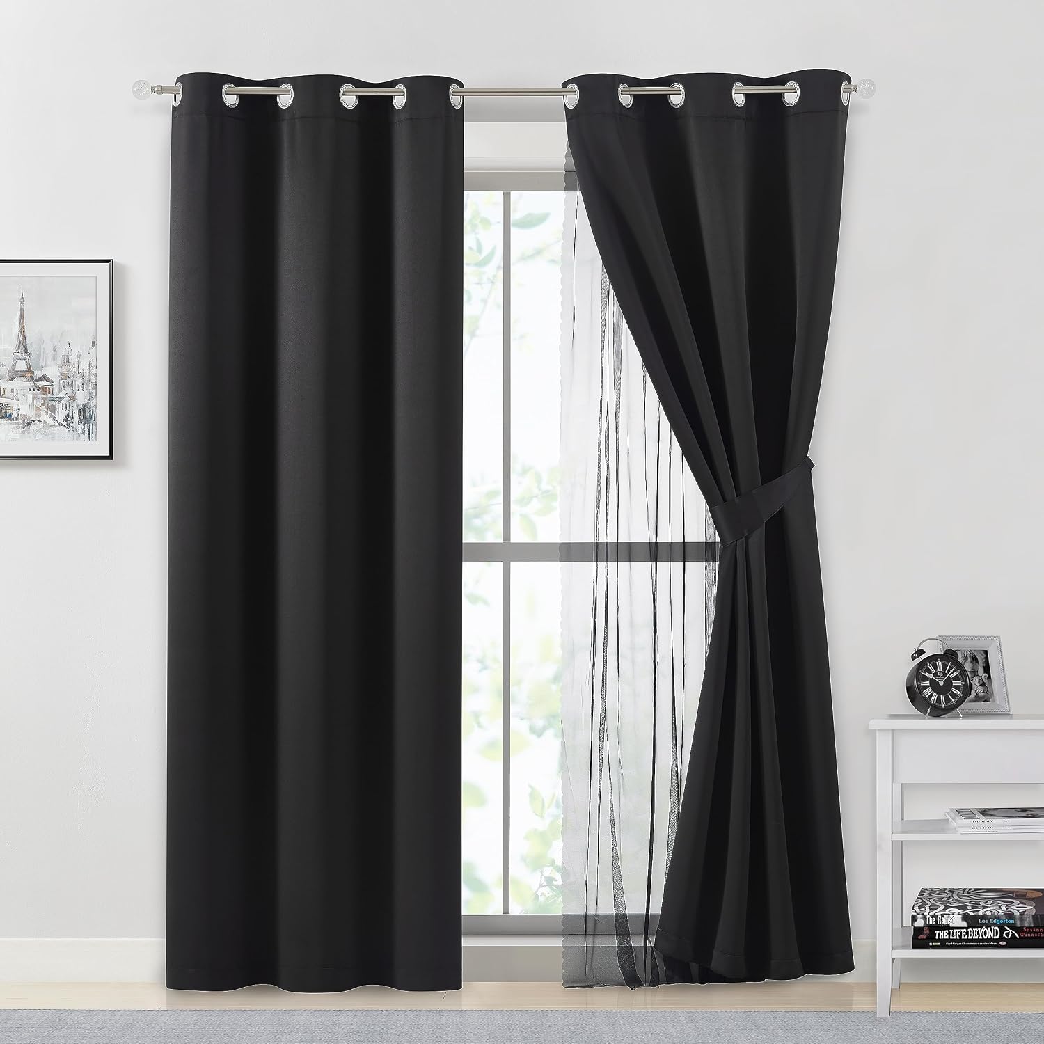 Bujasso Black Full Blackout Curtain Panels with Sheer Overlay Mix and Match Double Layer Thermal Insulated Window Treatment Set for Living…