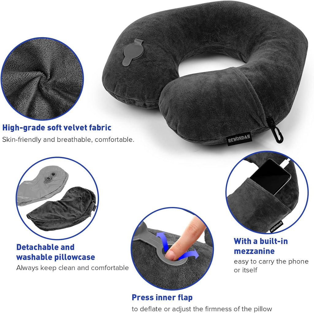 Rewondah Inflatable Travel Pillow, Inflatable Neck Pillow for Traveling Airplane, Travel Pillow with Soft Velour Washable Cover, U Shape…