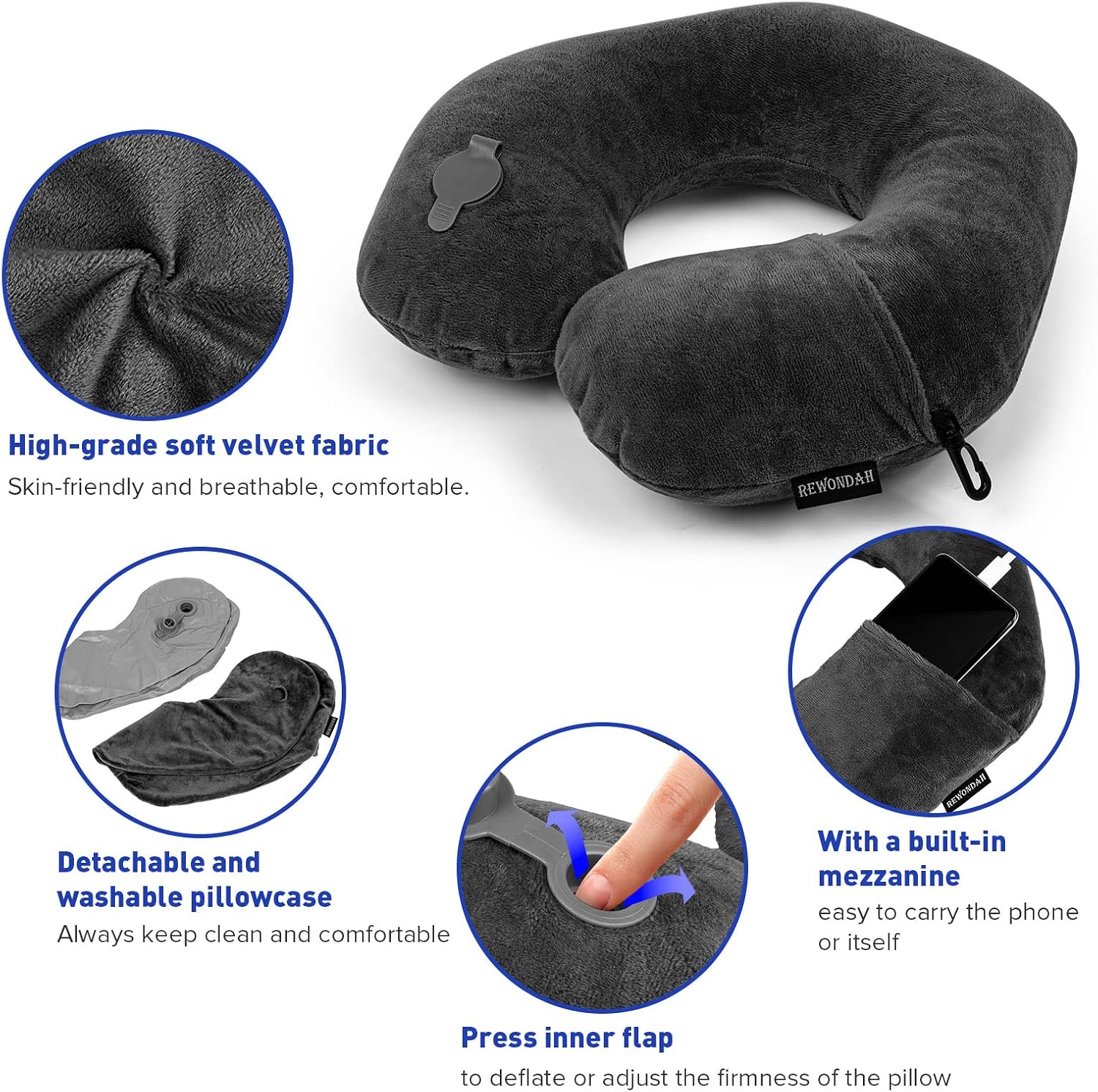 Rewondah Inflatable Travel Pillow, Inflatable Neck Pillow for Traveling Airplane, Travel Pillow with Soft Velour Washable Cover, U Shape…
